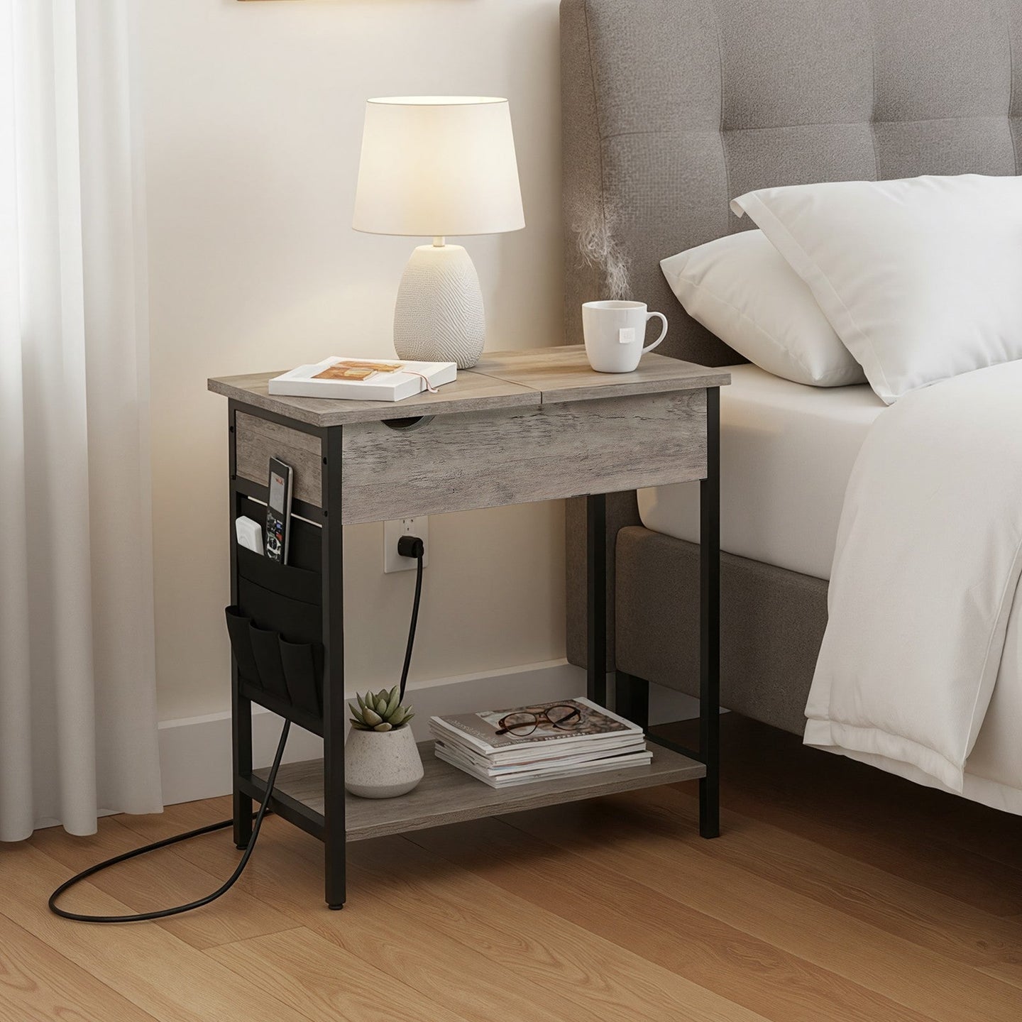 Narrow Nightstand - Wood - Rustic Brown and Black - Integrated Charging Station with USB Ports and Storage Bags