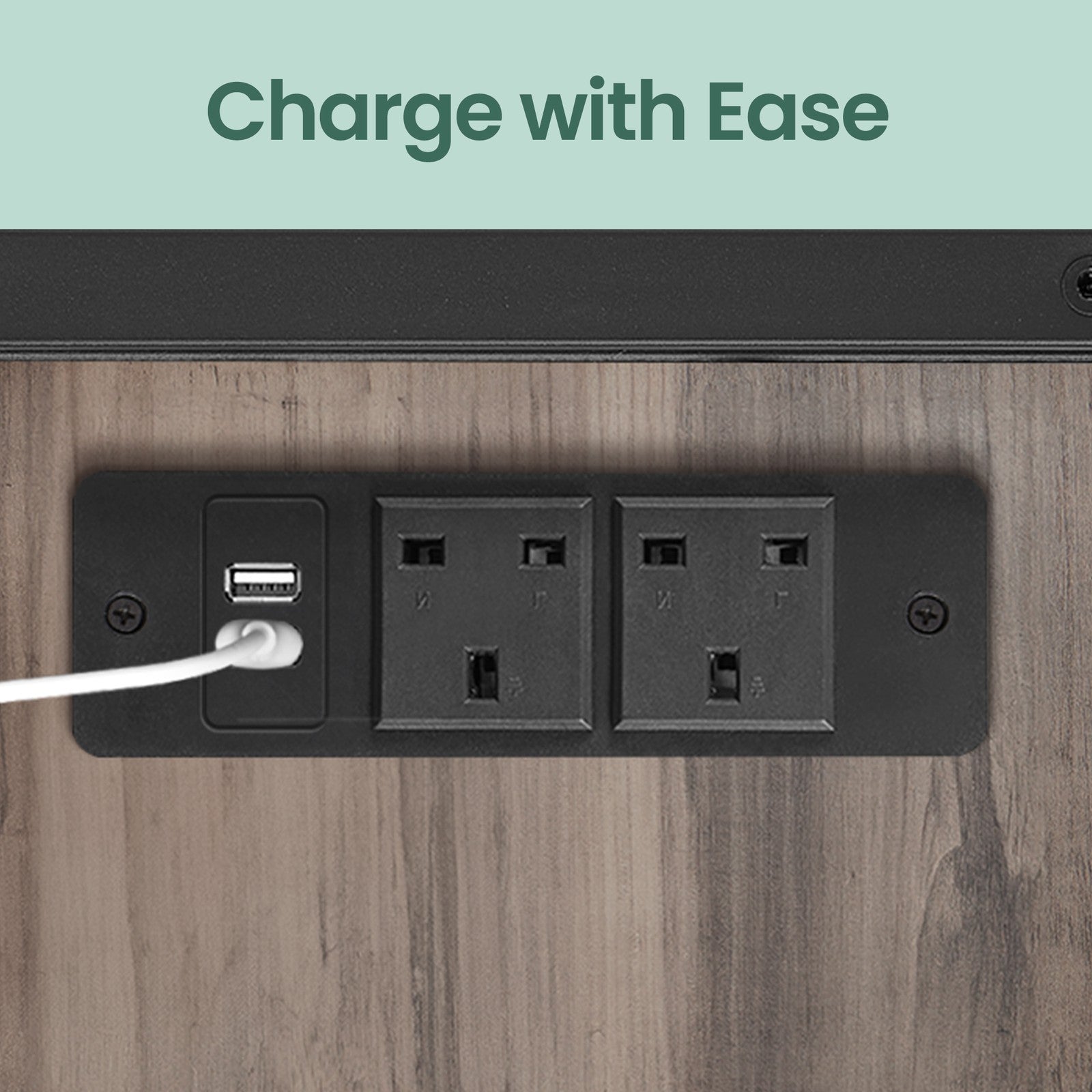 Narrow Nightstand - Wood - Rustic Brown and Black - Integrated Charging Station with USB Ports and Storage Bags