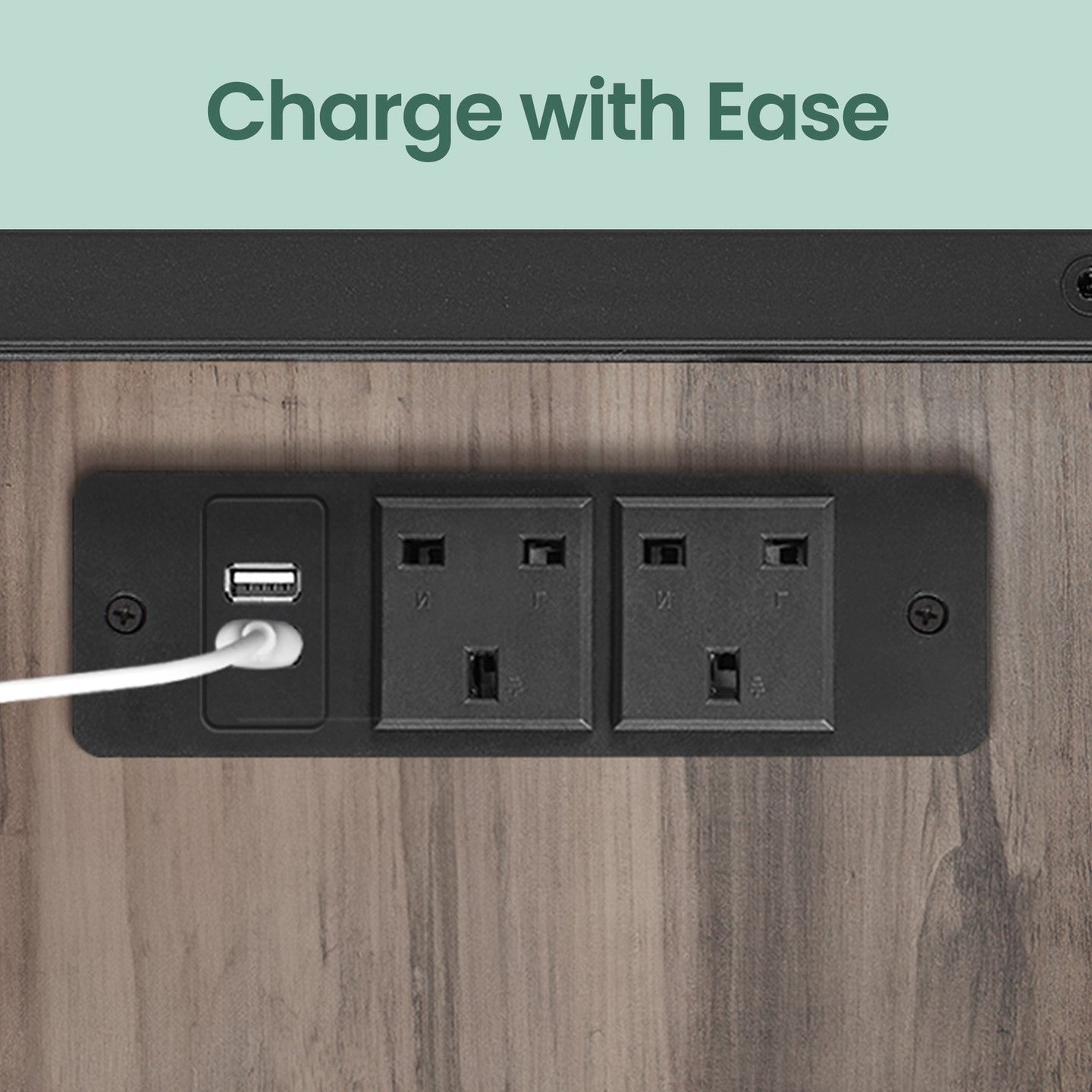 Narrow Nightstand - Wood - Rustic Brown and Black - Integrated Charging Station with USB Ports and Storage Bags
