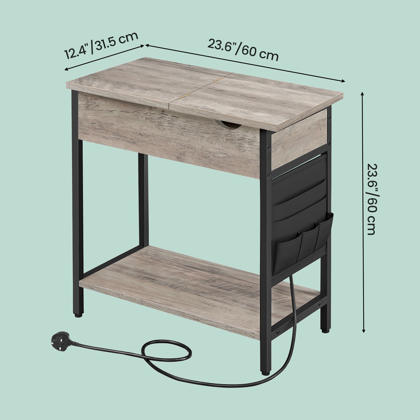 Narrow Nightstand - Wood - Rustic Brown and Black - Integrated Charging Station with USB Ports and Storage Bags
