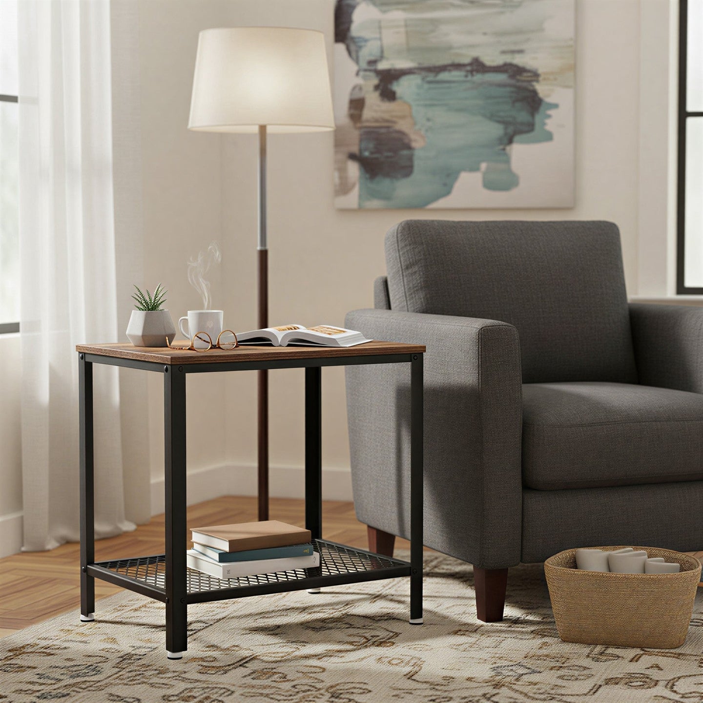 Narrow Side End Table - Iron - Rustic Brown