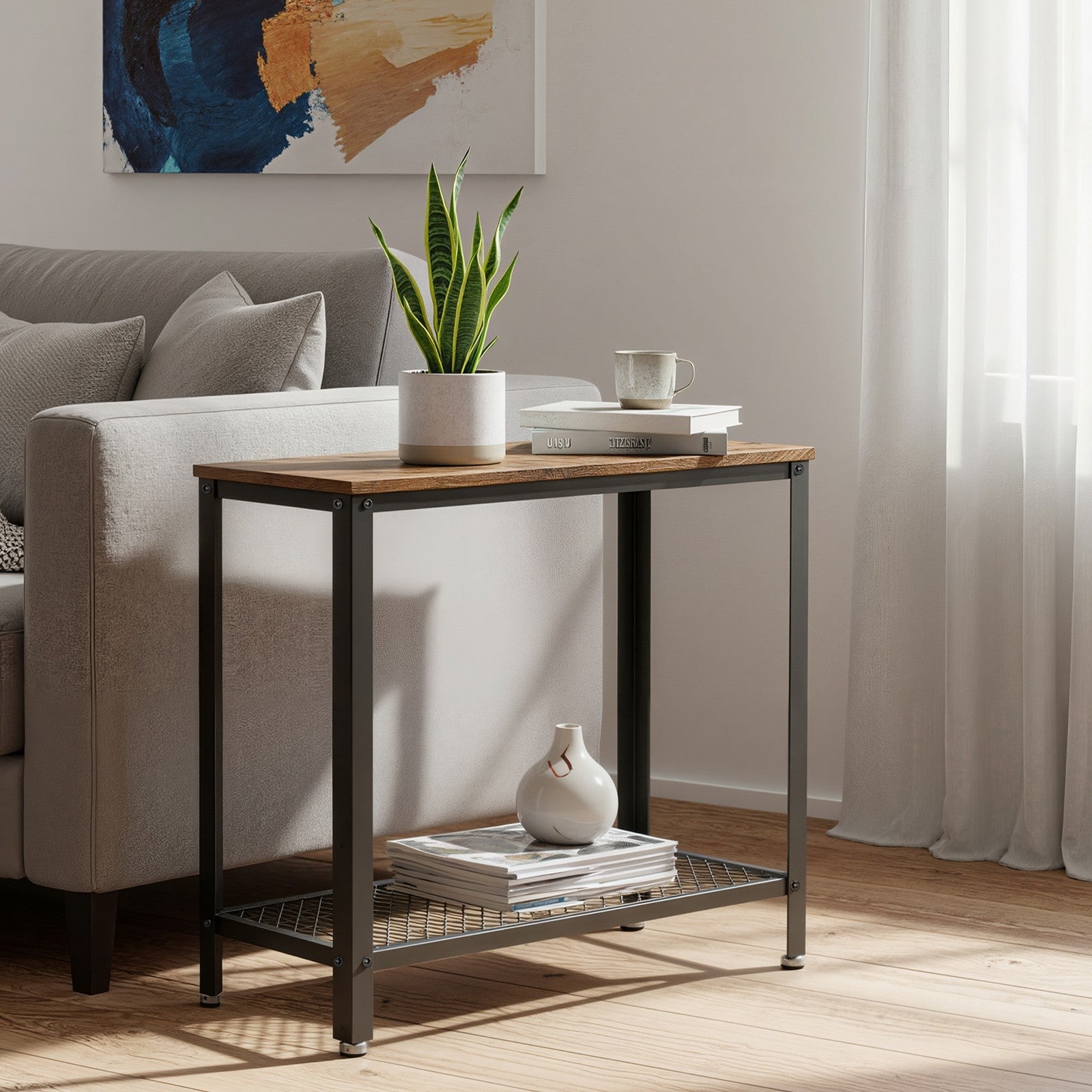 Narrow Side End Table - Iron - Rustic Brown