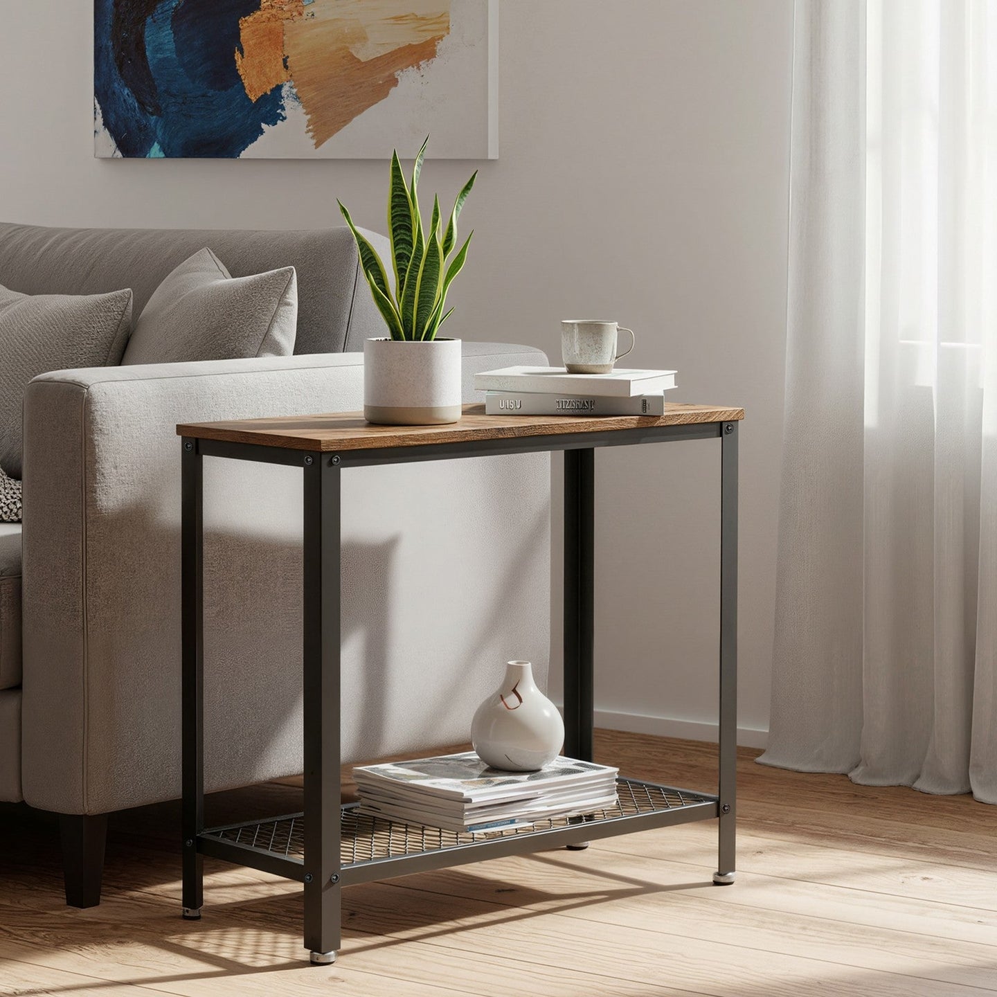 Narrow Side End Table - Iron - Rustic Brown