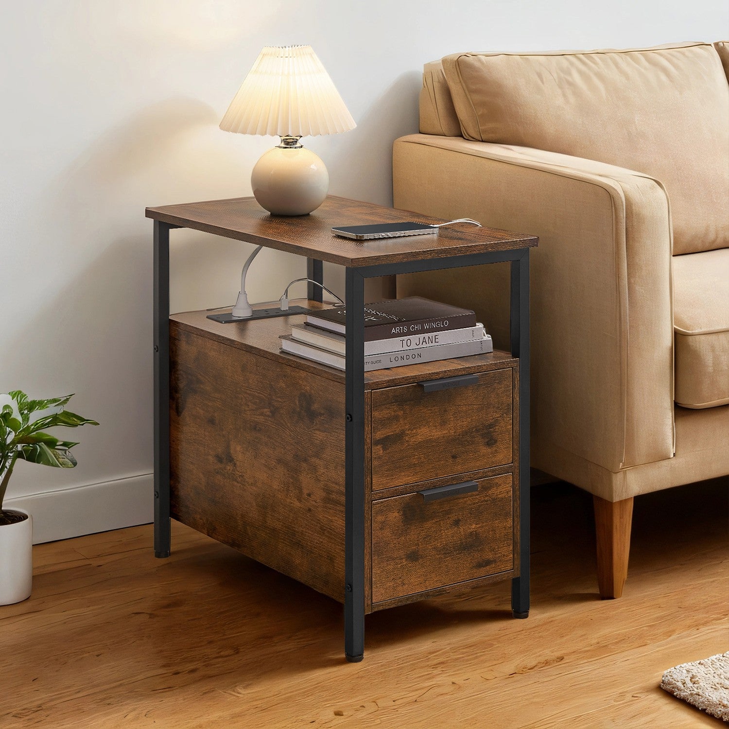 Narrow End Table - Wood - Rustic Brown - Featuring Charging Station and 2 Drawers