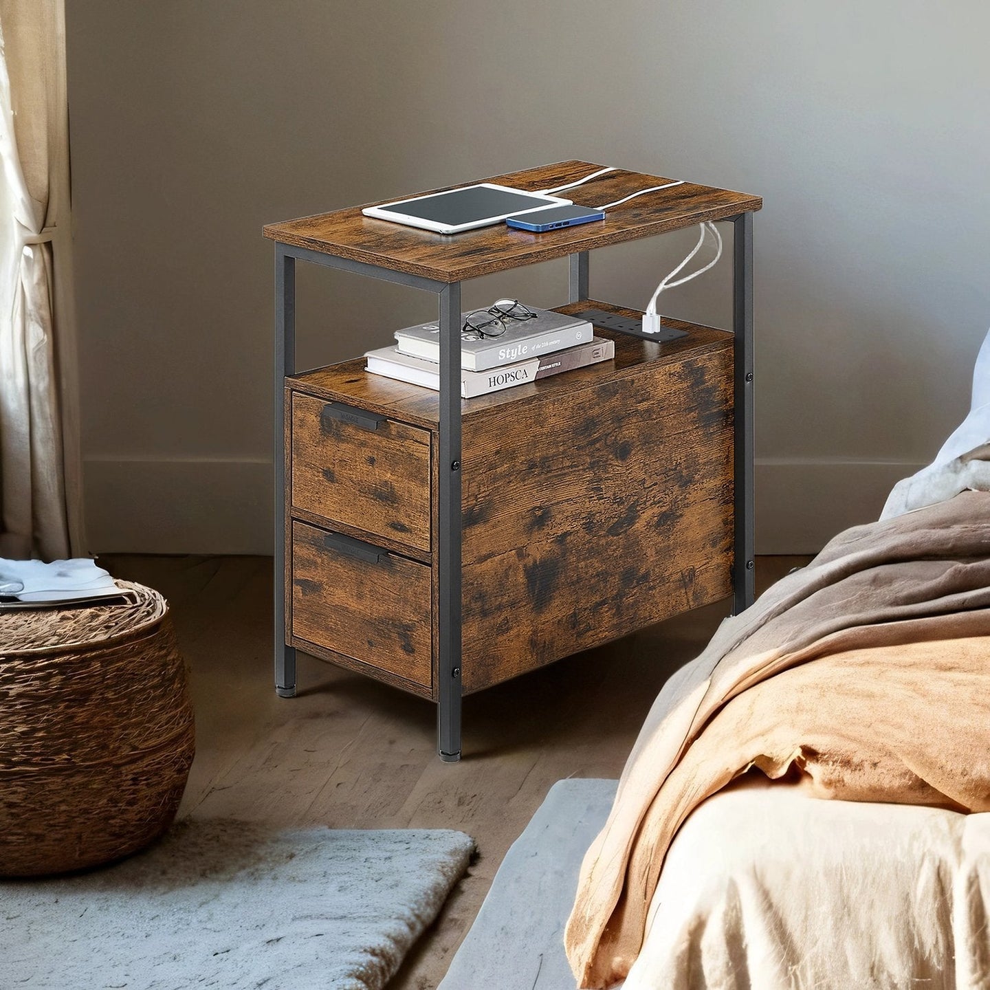 Narrow End Table - Wood - Rustic Brown - Featuring Charging Station and 2 Drawers
