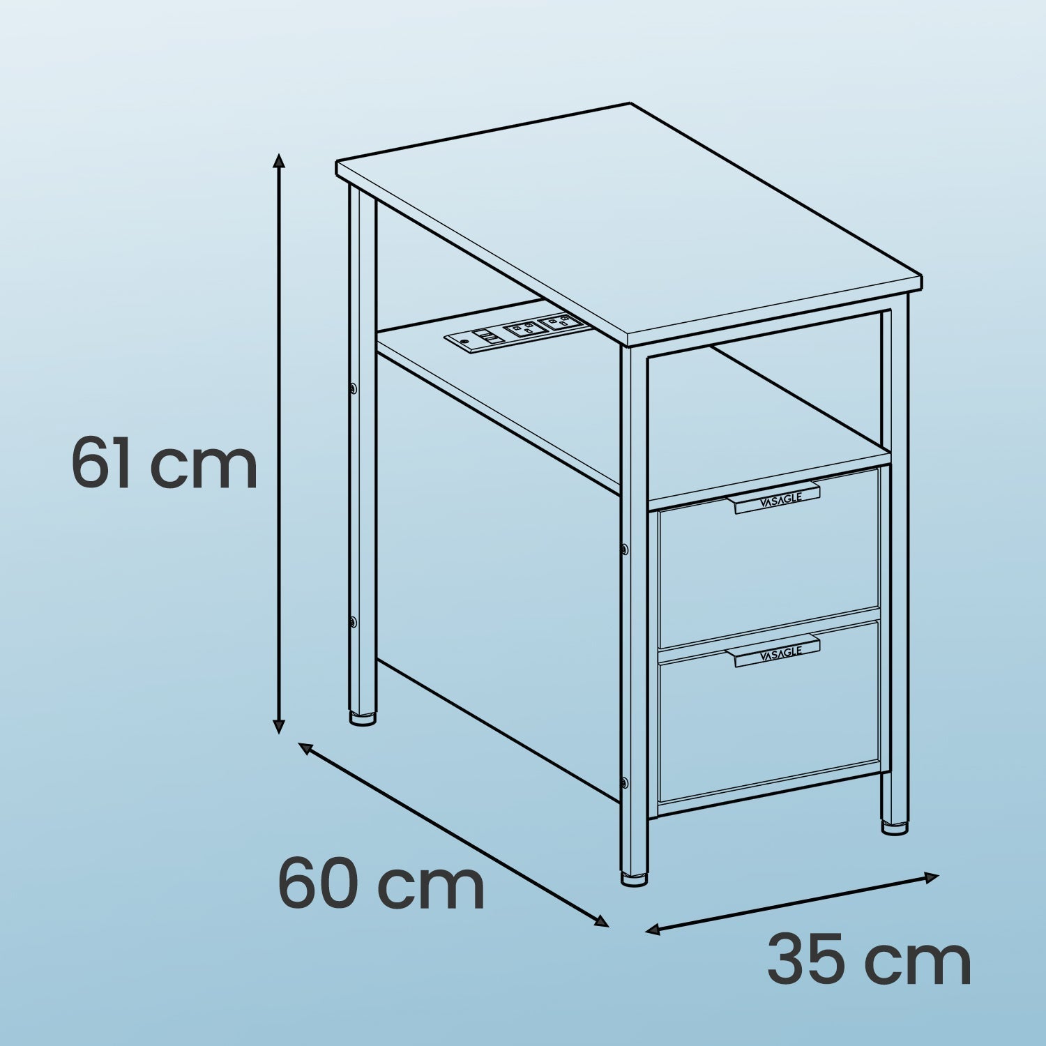 Narrow End Table - Wood - Rustic Brown - Featuring Charging Station and 2 Drawers