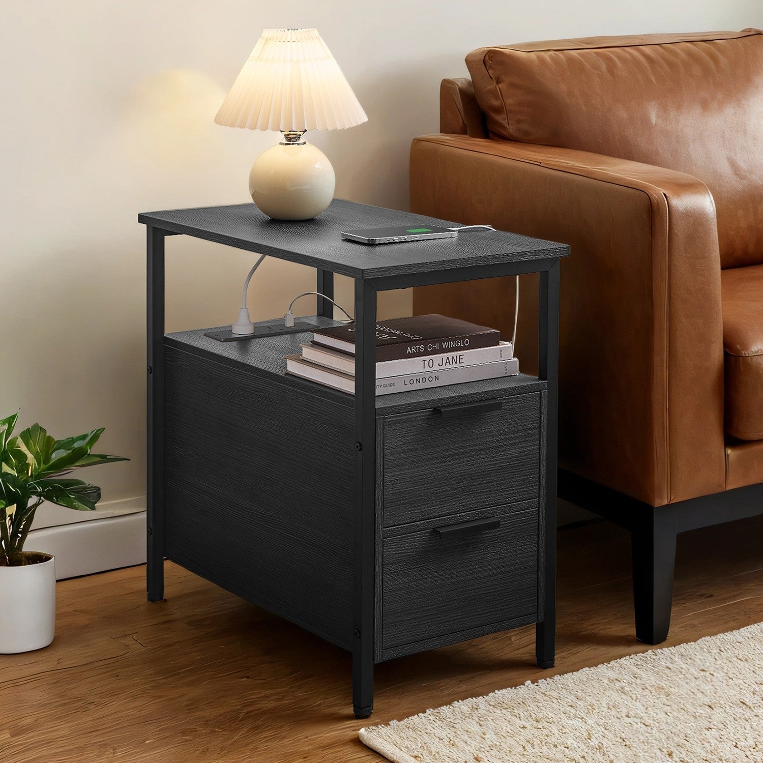 Narrow End Table - Wood - Grey and Black - Features 2 Drawers and Charging Station