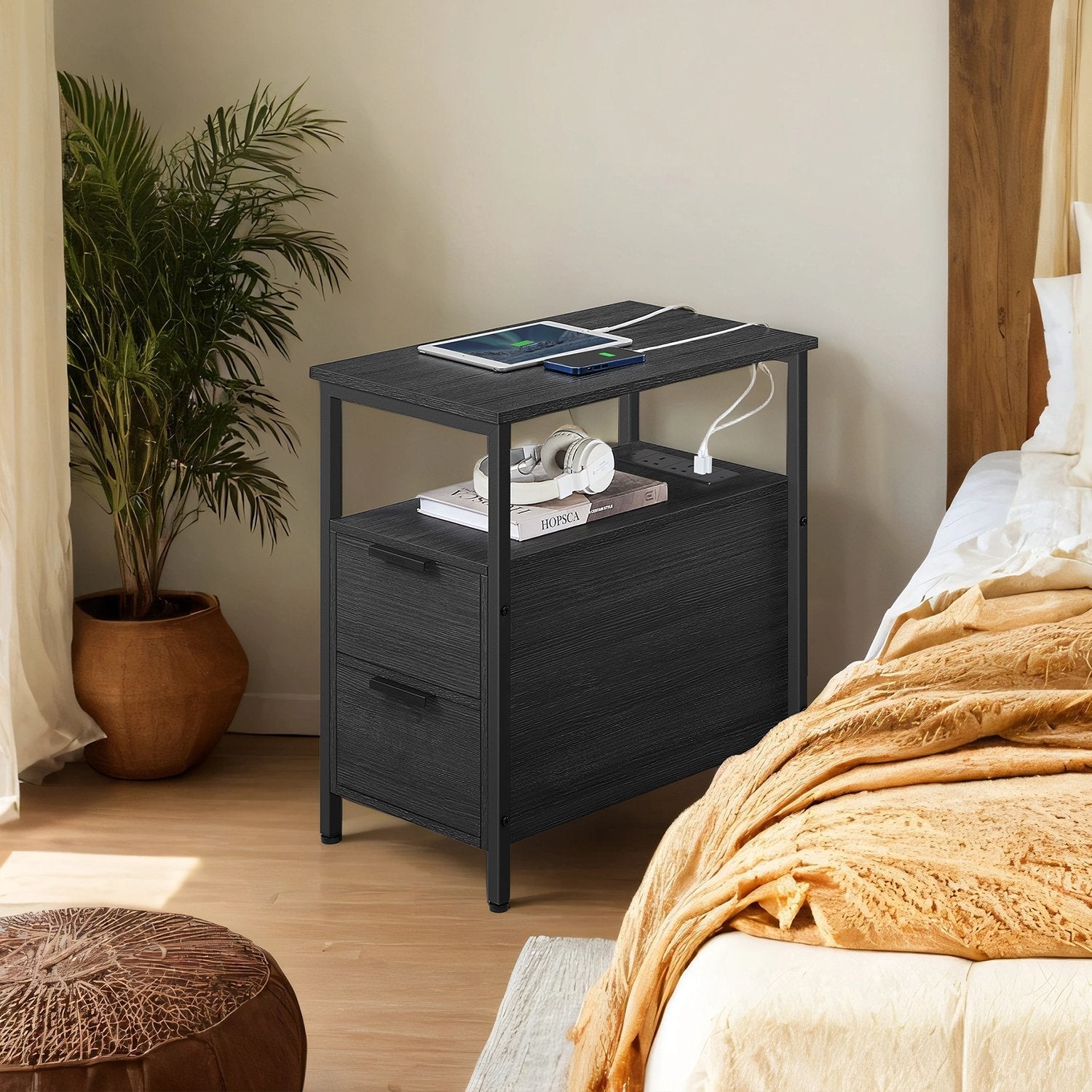 Narrow End Table - Wood - Grey and Black - Features 2 Drawers and Charging Station
