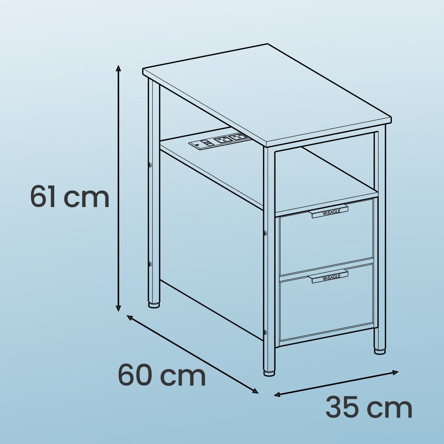 Narrow End Table - Wood - Grey and Black - Features 2 Drawers and Charging Station