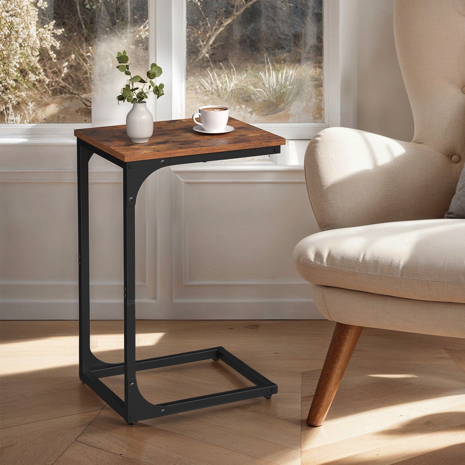 C-Shaped Sofa Table - Metal Frame - Rustic Brown and Black - Versatile End Table for Living Room and Bedroom