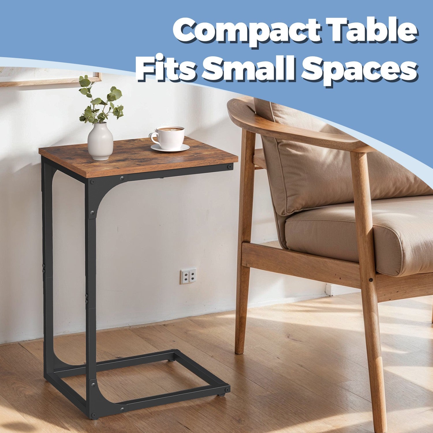 C-Shaped Sofa Table - Metal Frame - Rustic Brown and Black - Versatile End Table for Living Room and Bedroom