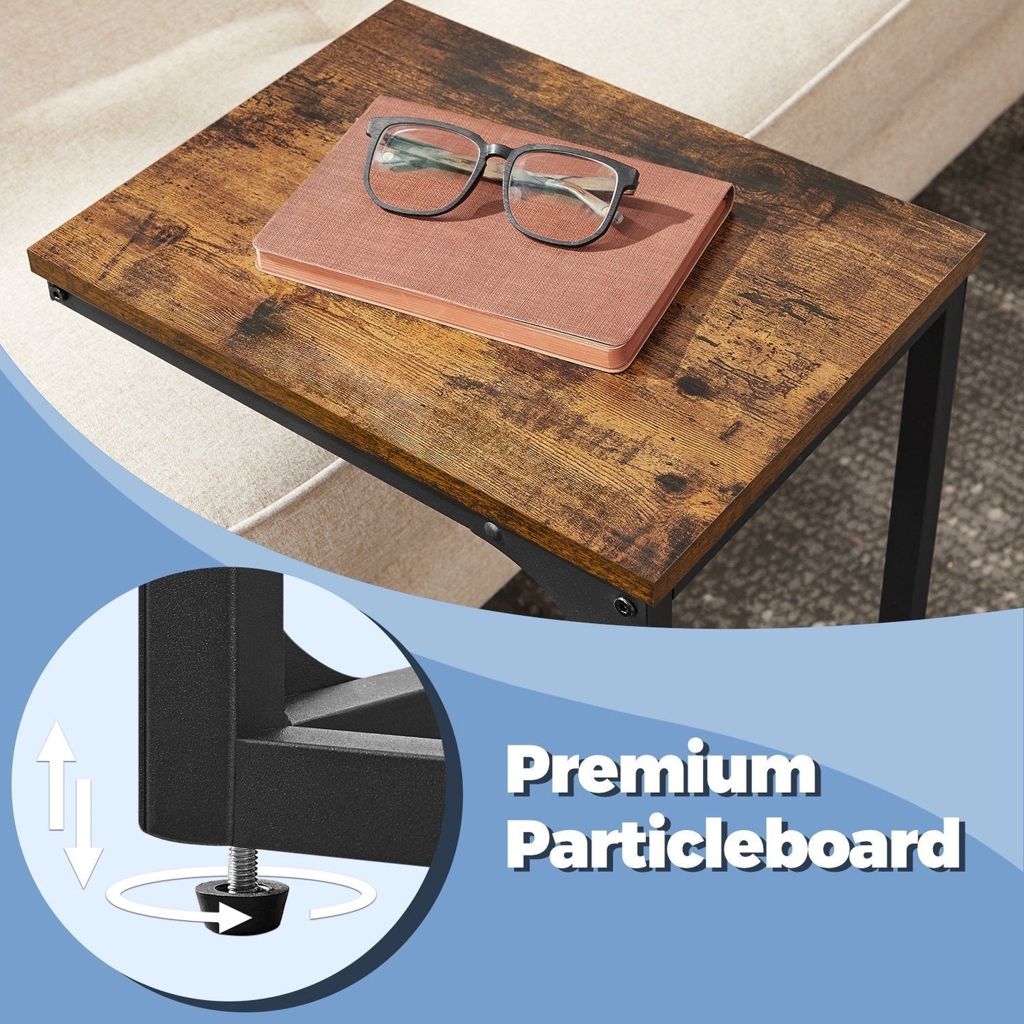 C-Shaped Sofa Table - Metal Frame - Rustic Brown and Black - Versatile End Table for Living Room and Bedroom