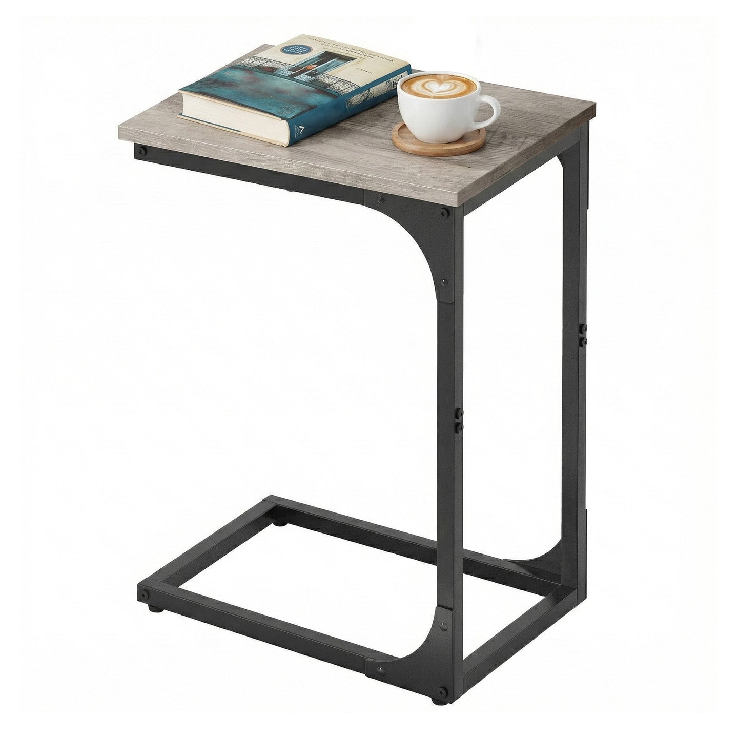 C-Shaped Sofa Table - Steel and Wood - Greige - with Metal Frame