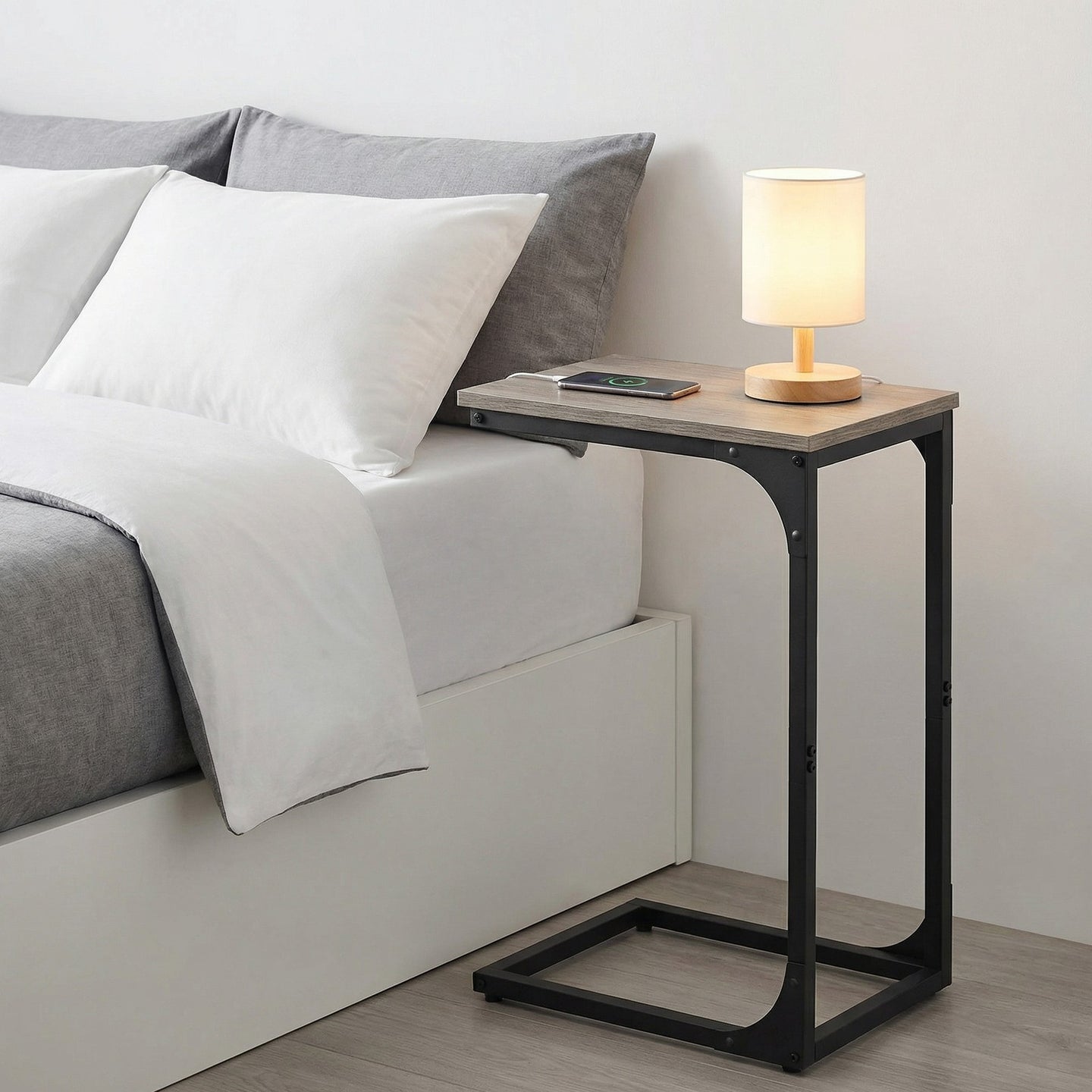 C-Shaped Sofa Table - Steel and Wood - Greige - with Metal Frame