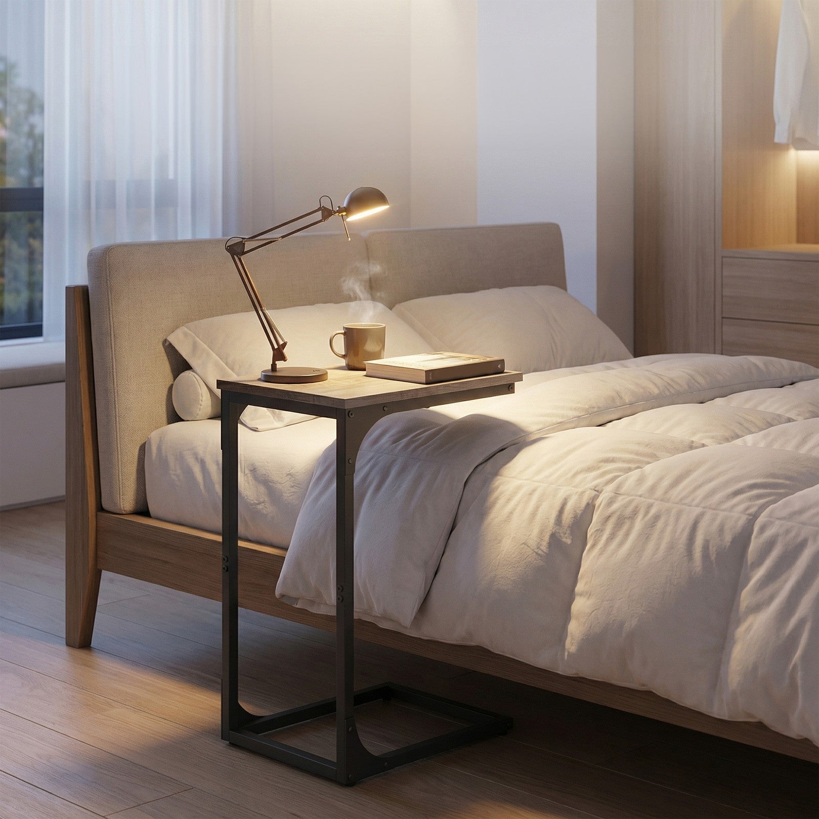 C-Shaped Sofa Table - Steel and Wood - Greige - with Metal Frame