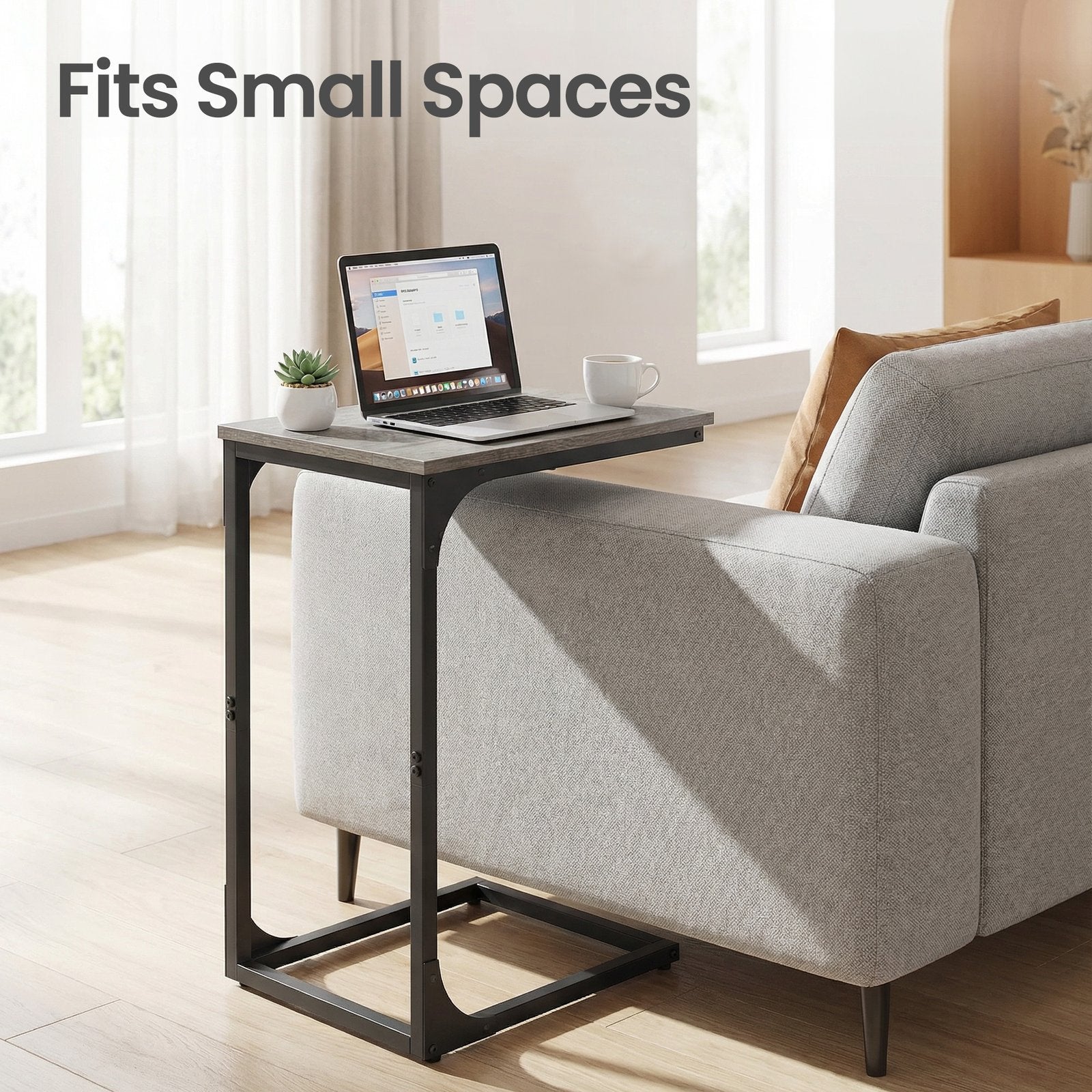 C-Shaped Sofa Table - Steel and Wood - Greige - with Metal Frame
