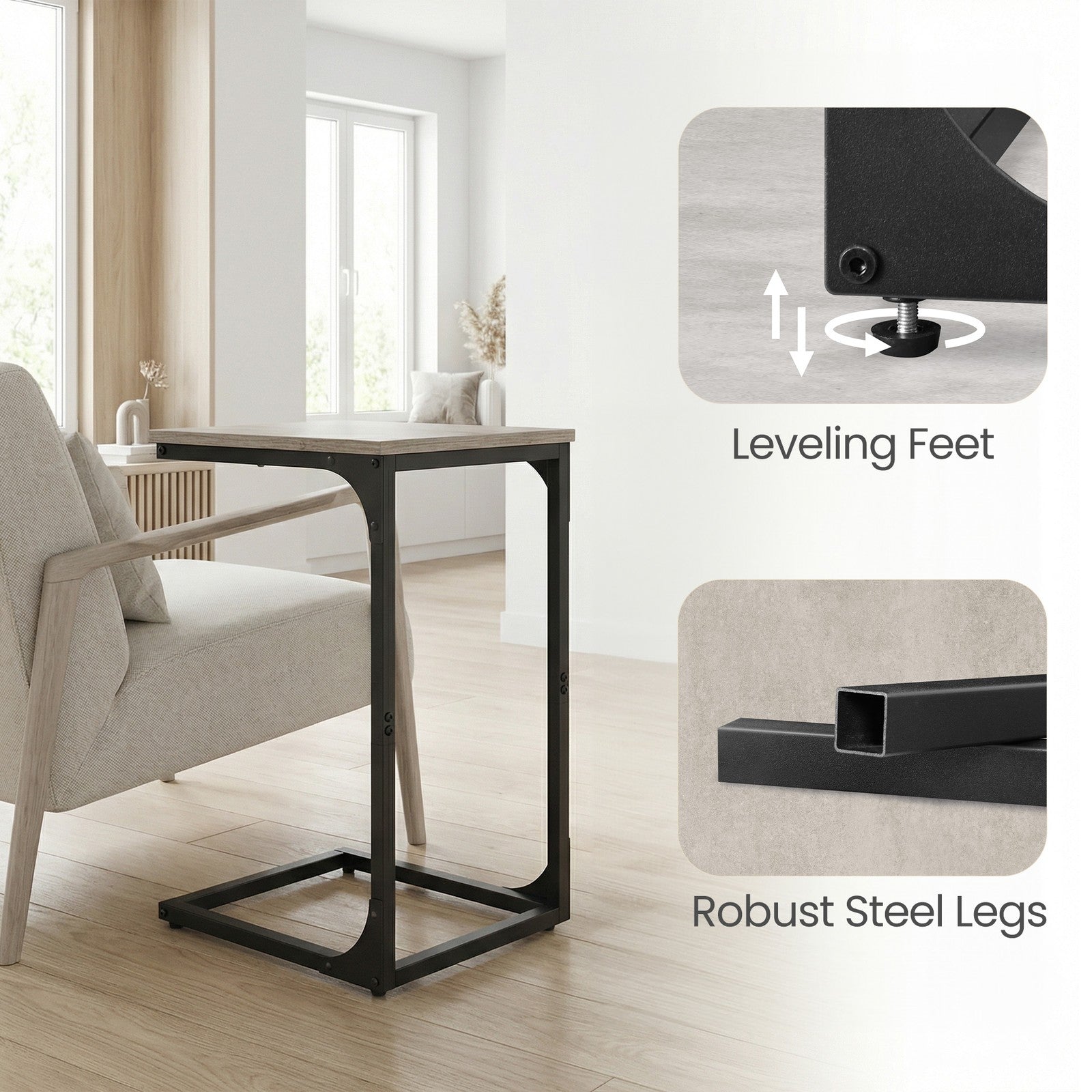 C-Shaped Sofa Table - Steel and Wood - Greige - with Metal Frame