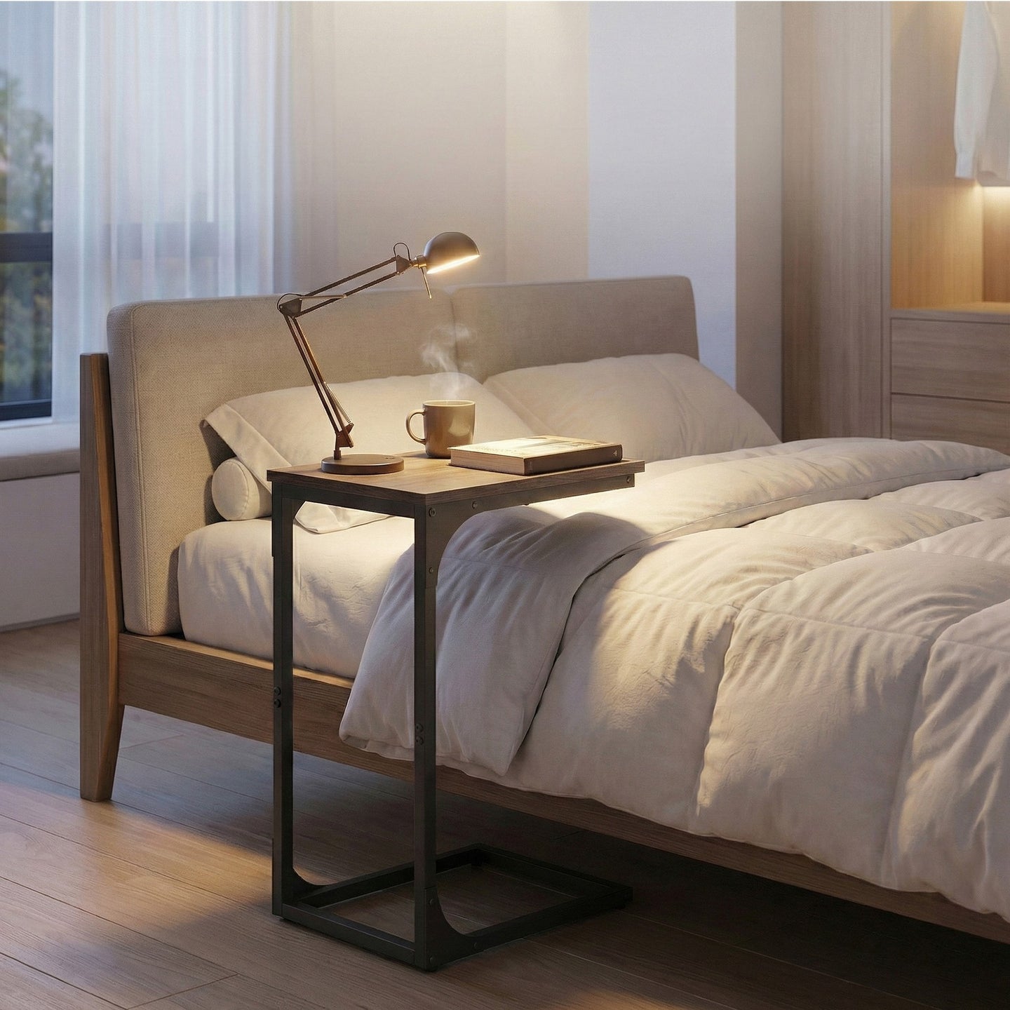 C-Shaped Sofa Table - Steel and Wood - Chestnut Brown