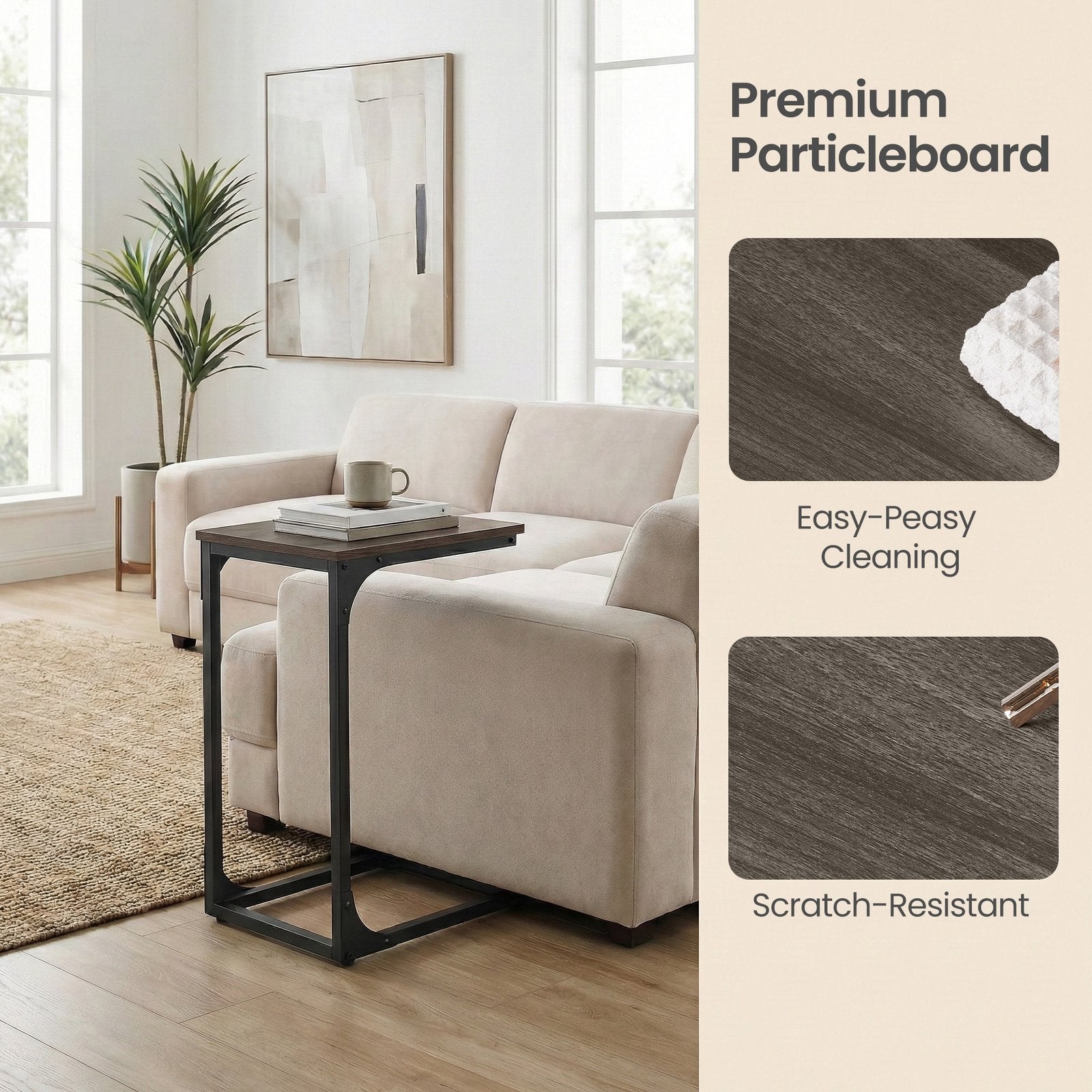 C-Shaped Sofa Table - Steel and Wood - Chestnut Brown