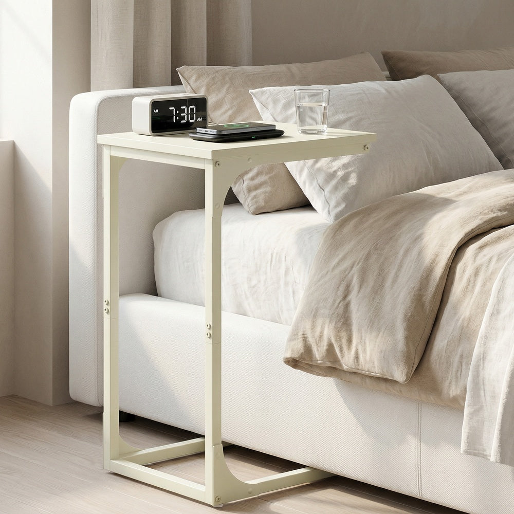 C-Shaped Sofa Table - Steel and Wood - White - with Metal Frame