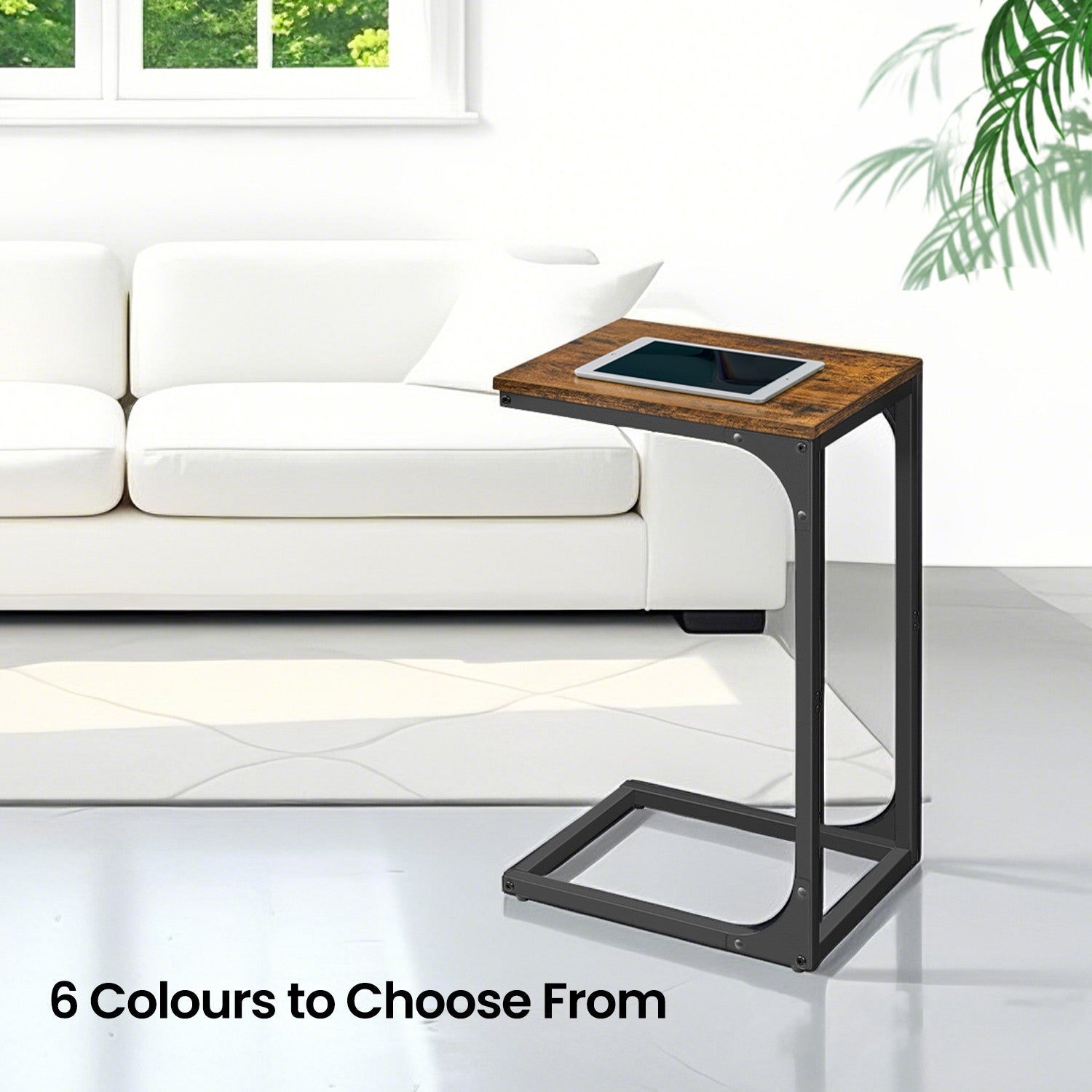 C-Shaped Sofa Table - Metal Frame - Rustic Brown and Black - Versatile End Table for Living Room and Bedroom