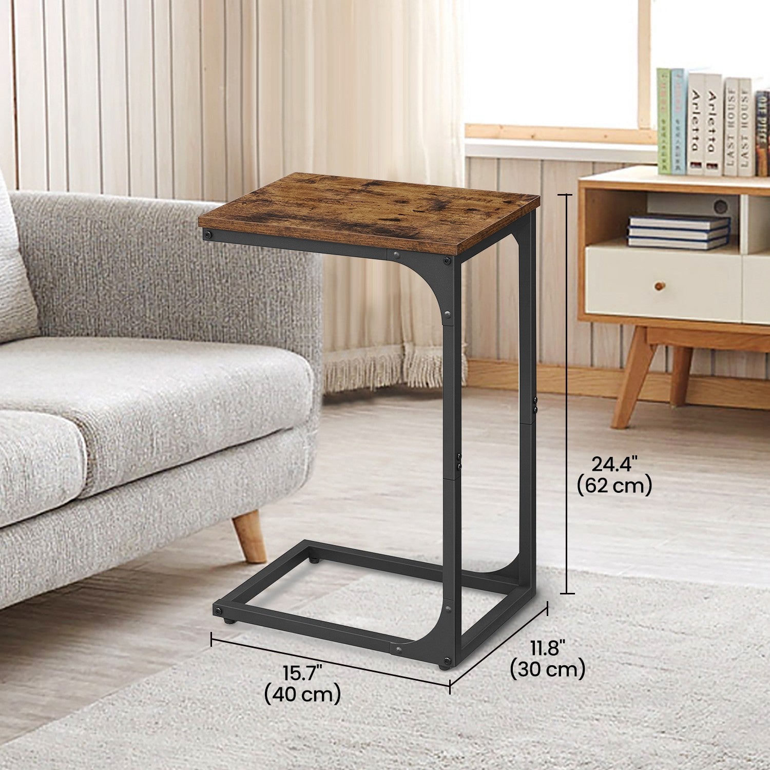 C-Shaped Sofa Table - Metal Frame - Rustic Brown and Black - Versatile End Table for Living Room and Bedroom