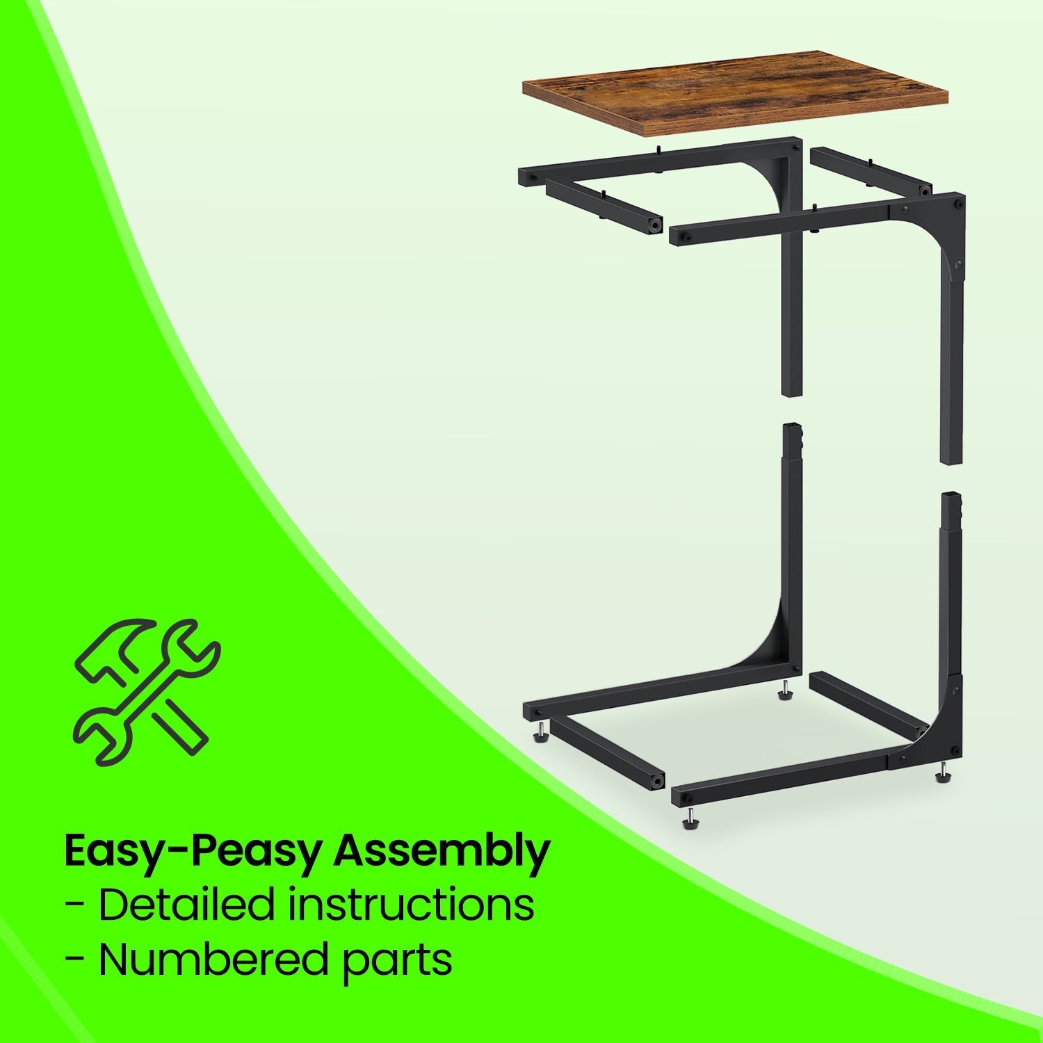 C-Shaped Sofa Table - Metal Frame - Rustic Brown and Black - Versatile End Table for Living Room and Bedroom