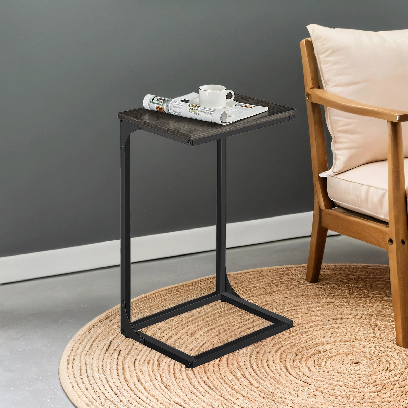 C-Shaped End Tables - Set of 2 - Metal Frame - Rustic Brown and Black