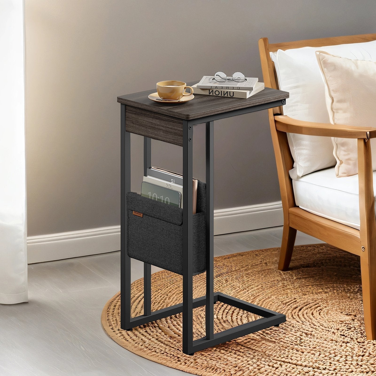 C-Shaped Side Table - Wood - Ebony Black - Features Fabric Storage Bag and Swivel Castors