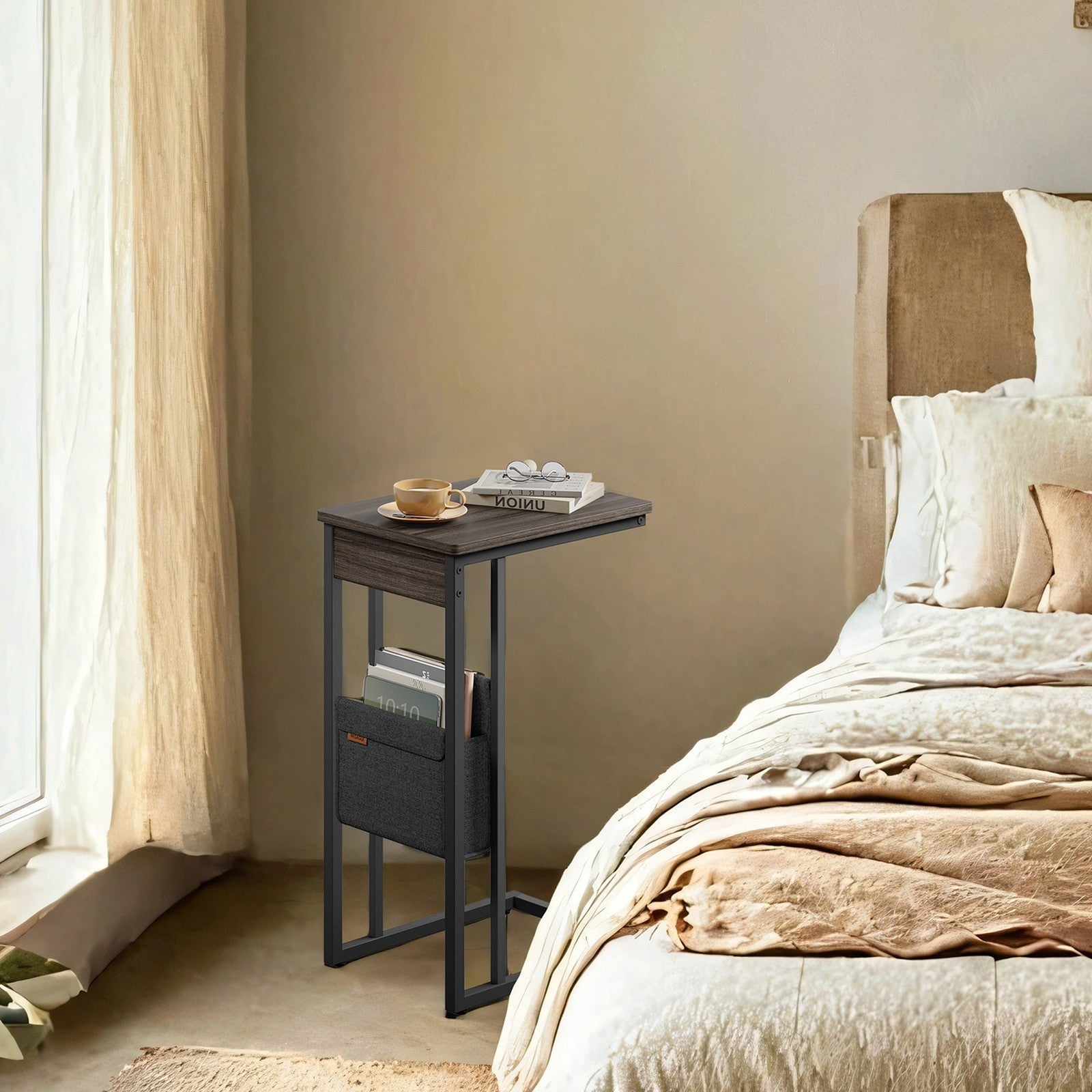 C-Shaped Side Table - Wood - Ebony Black - Features Fabric Storage Bag and Swivel Castors