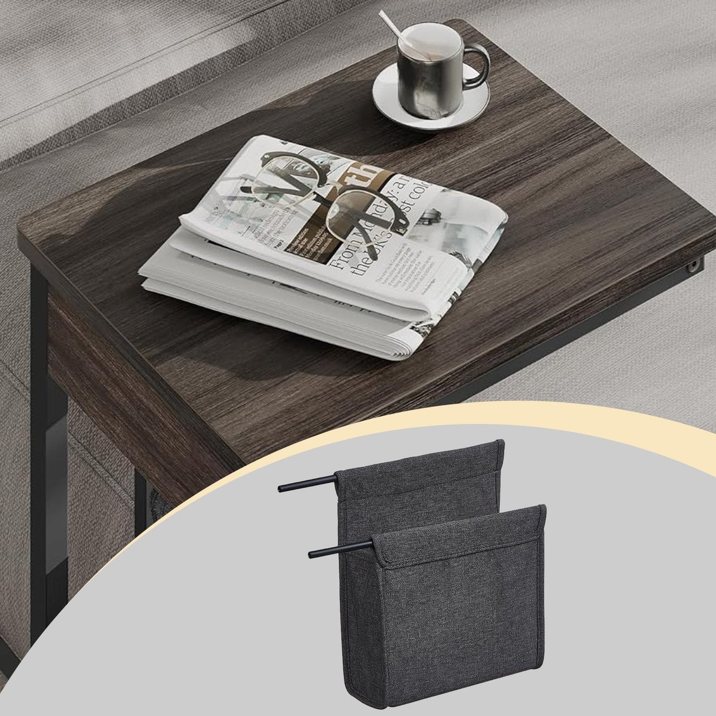 C-Shaped Side Table - Wood - Ebony Black - Features Fabric Storage Bag and Swivel Castors