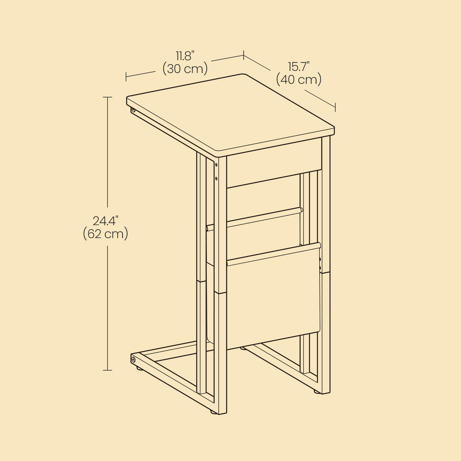 C-Shaped Side Table - Wood - Ebony Black - Features Fabric Storage Bag and Swivel Castors