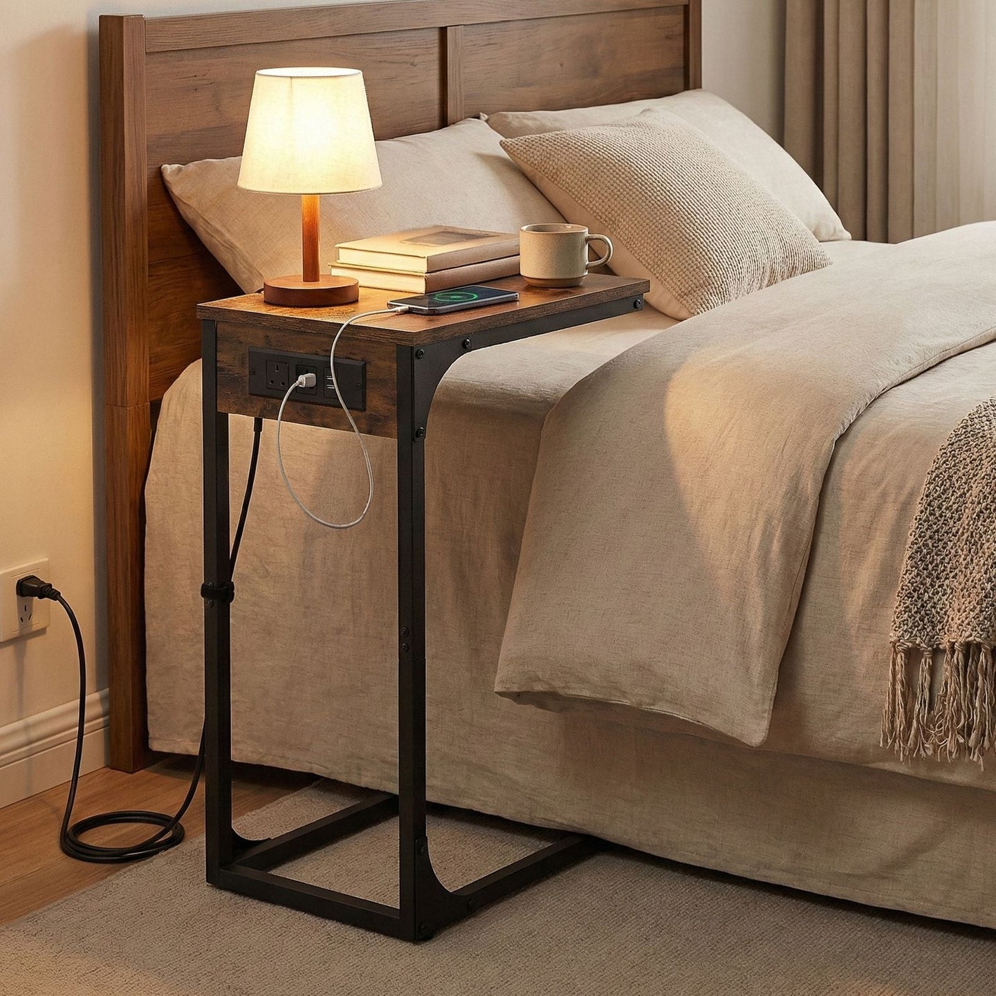C-Shaped Side Table - 30L - Particleboard - 2 USB Ports