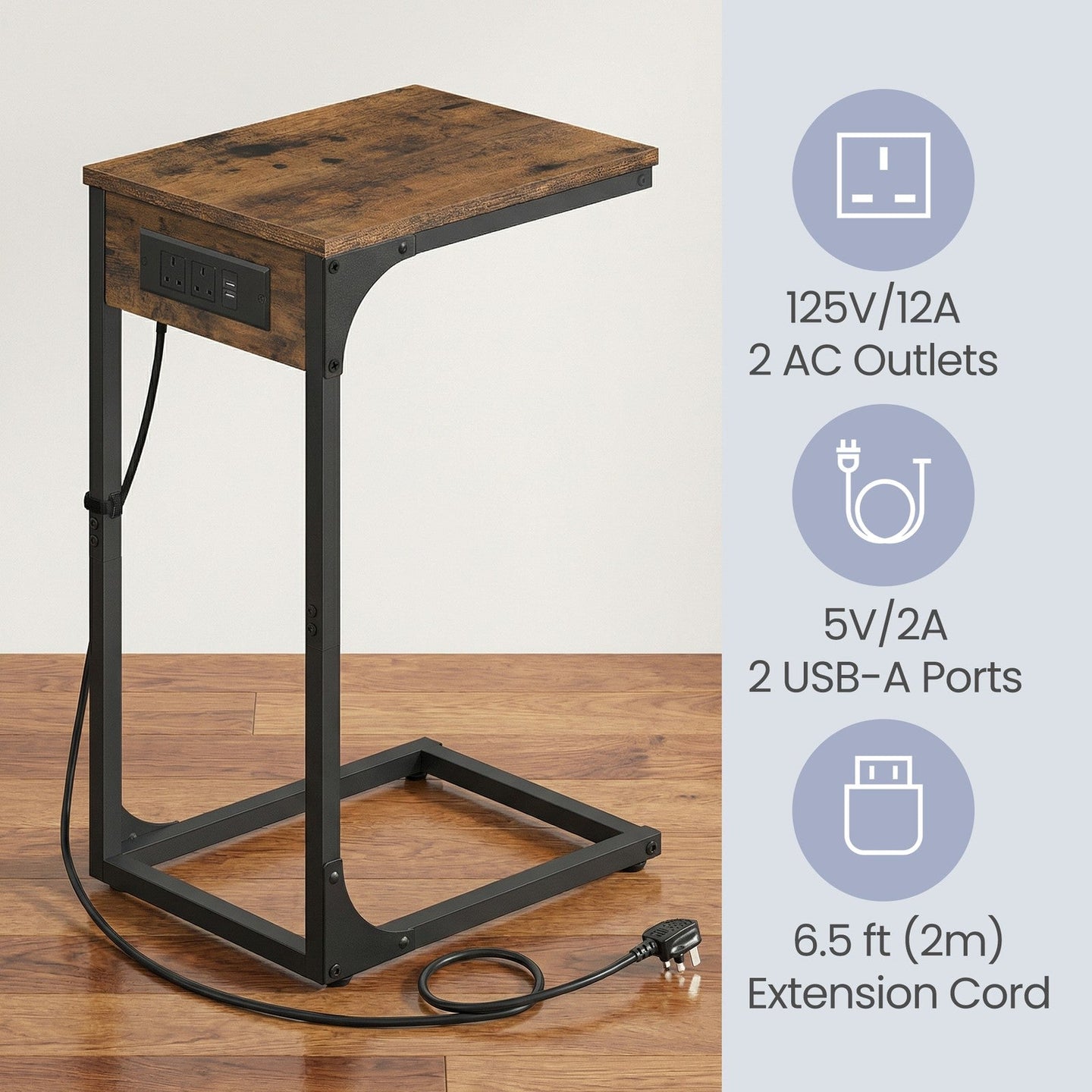 C-Shaped Side Table - 30L - Particleboard - 2 USB Ports