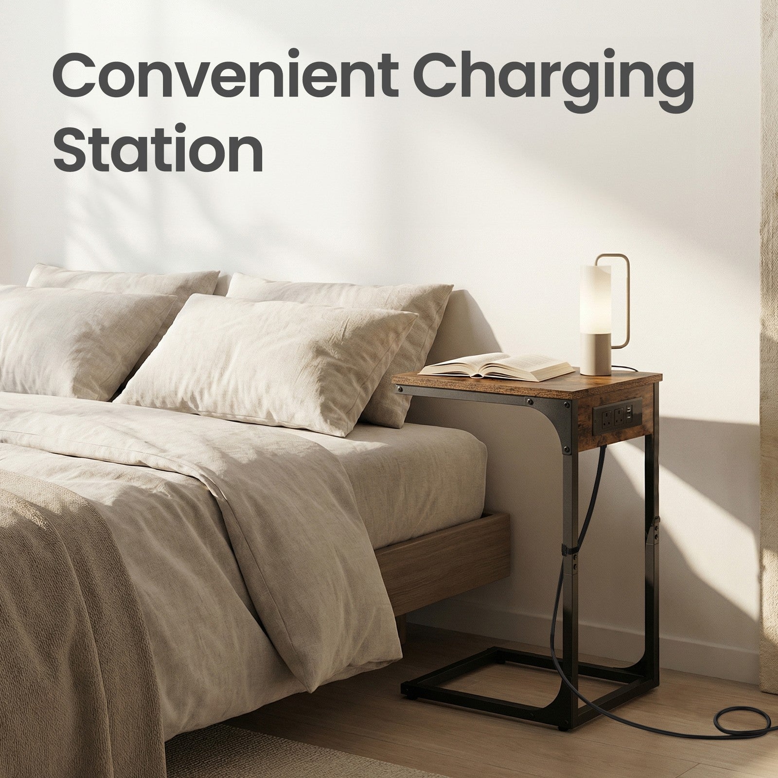 C-Shaped Side Table - 30L - Particleboard - 2 USB Ports