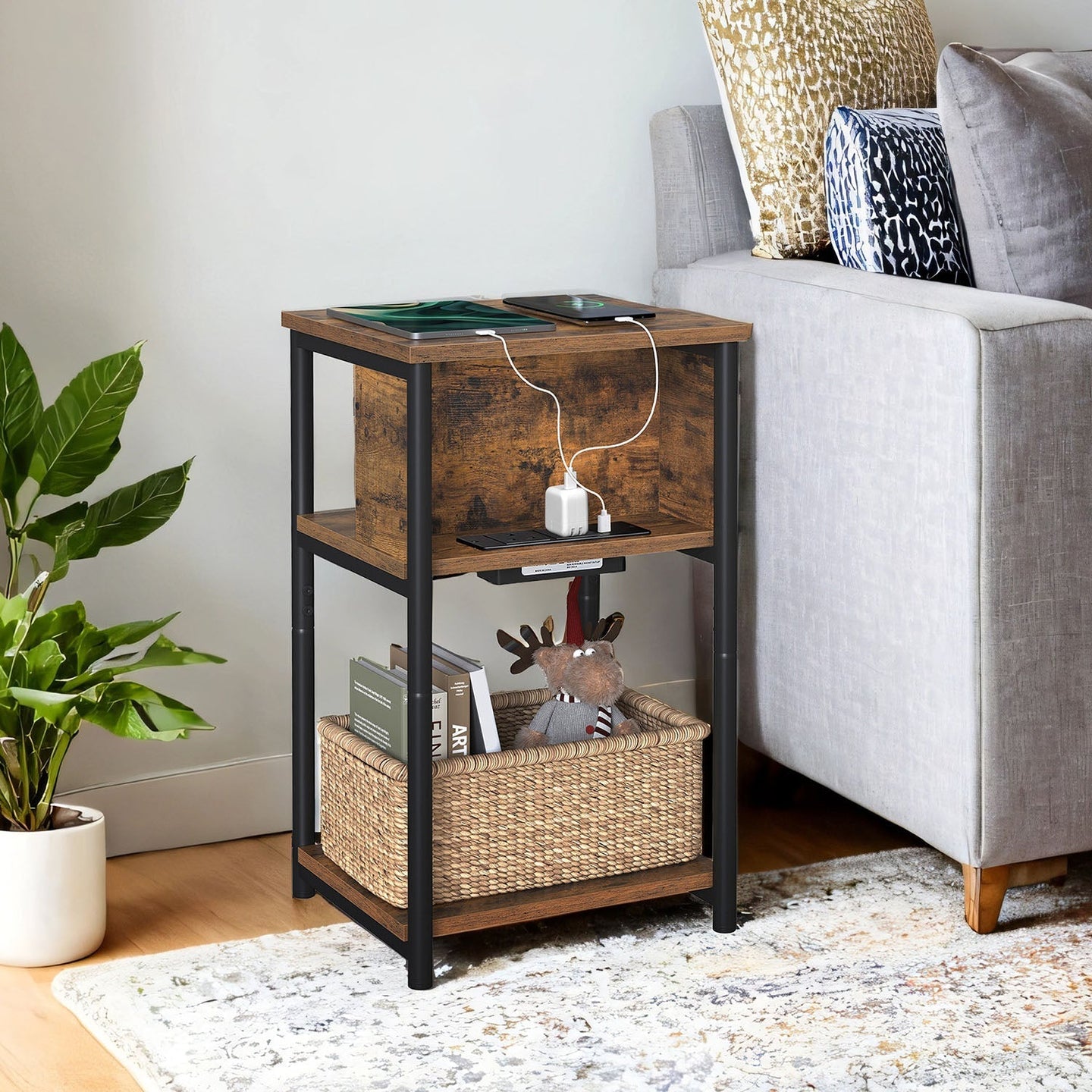 Slim Side Table - Wood - Rustic Brown and Black - Features Charging Station with 2 AC Outlets and 2 USB Outlets