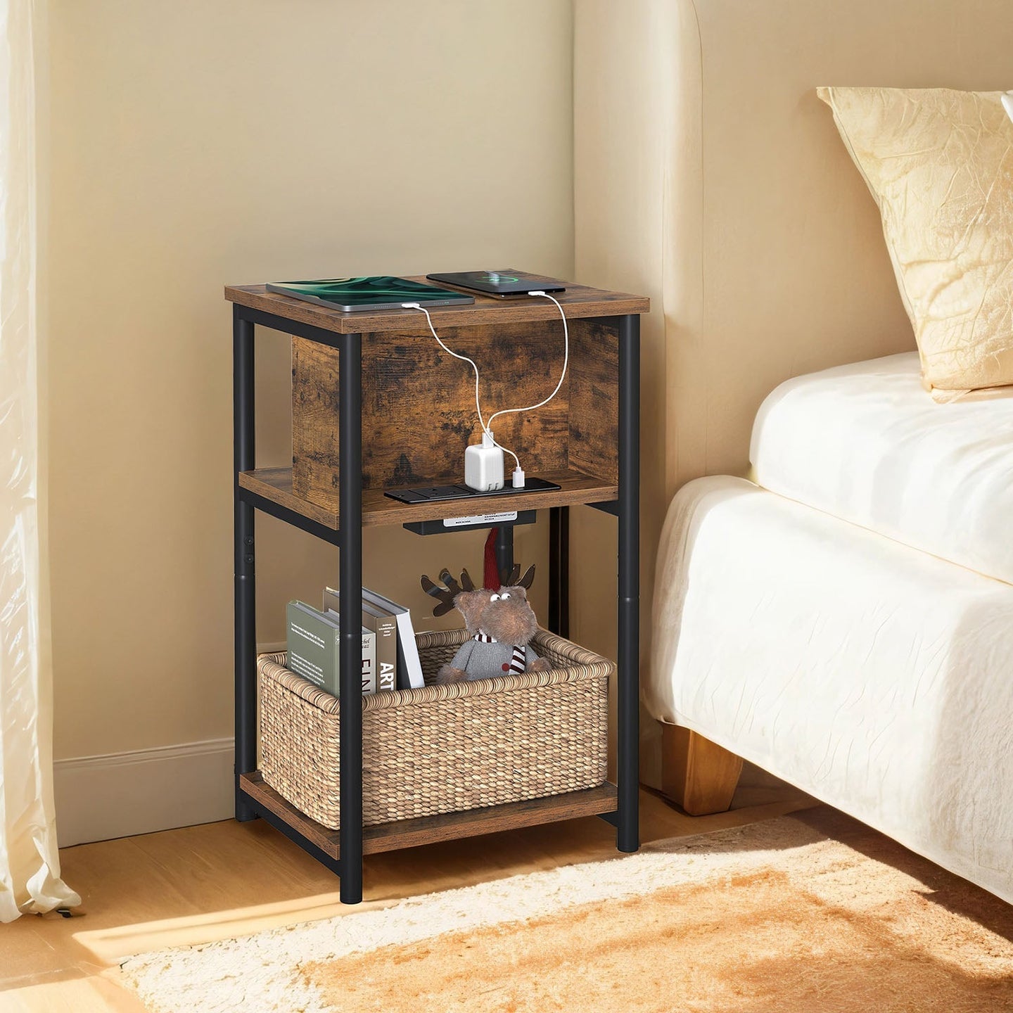 Slim Side Table - Wood - Rustic Brown and Black - Features Charging Station with 2 AC Outlets and 2 USB Outlets