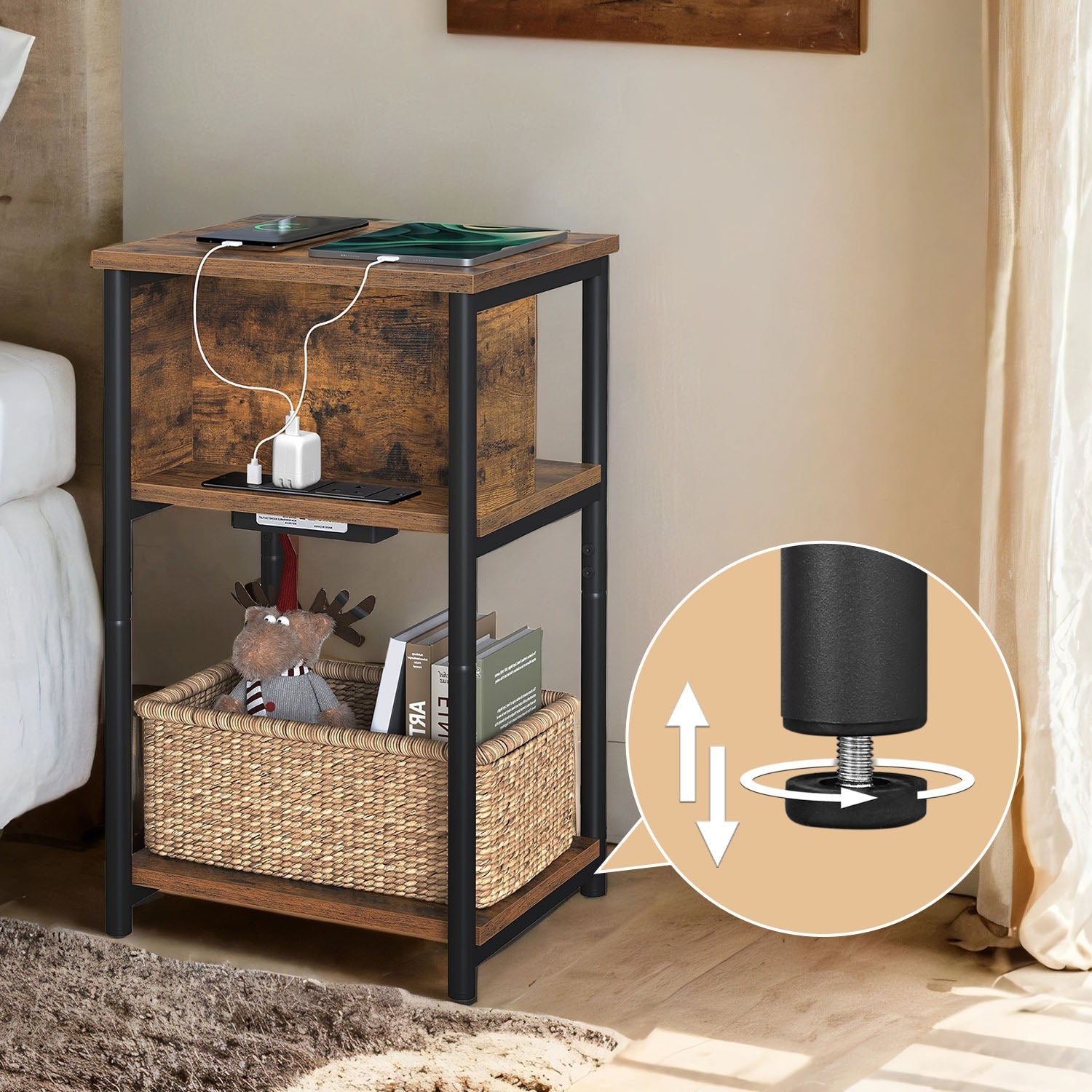 Slim Side Table - Wood - Rustic Brown and Black - Features Charging Station with 2 AC Outlets and 2 USB Outlets