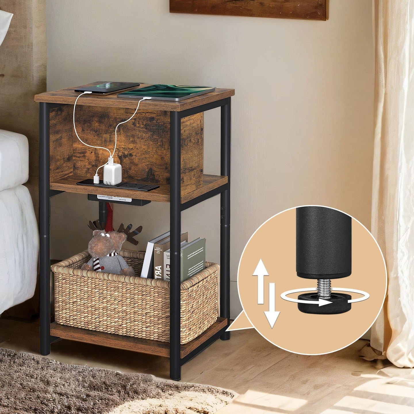 Slim Side Table - Wood - Rustic Brown and Black - Features Charging Station with 2 AC Outlets and 2 USB Outlets