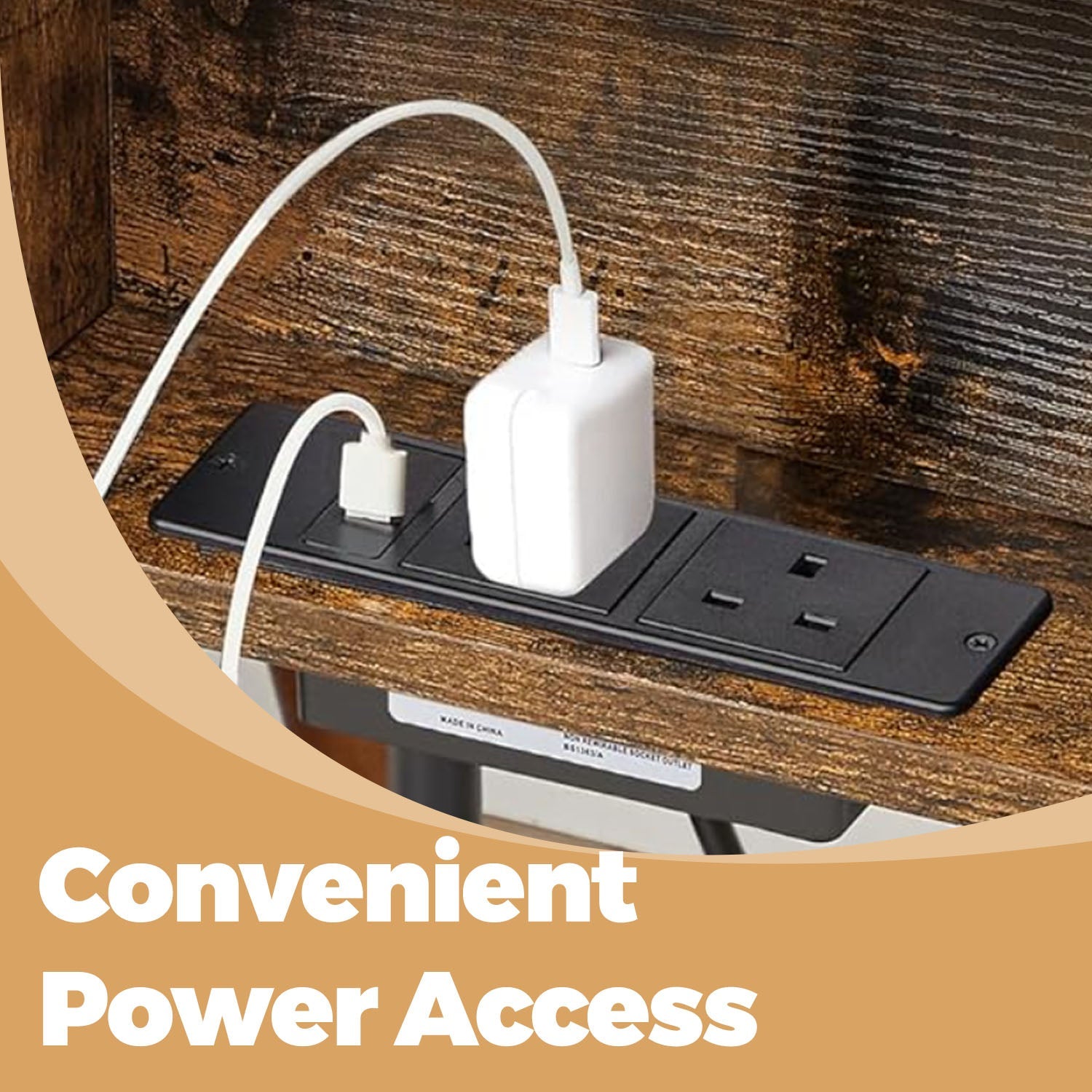 Slim Side Table - Wood - Rustic Brown and Black - Features Charging Station with 2 AC Outlets and 2 USB Outlets