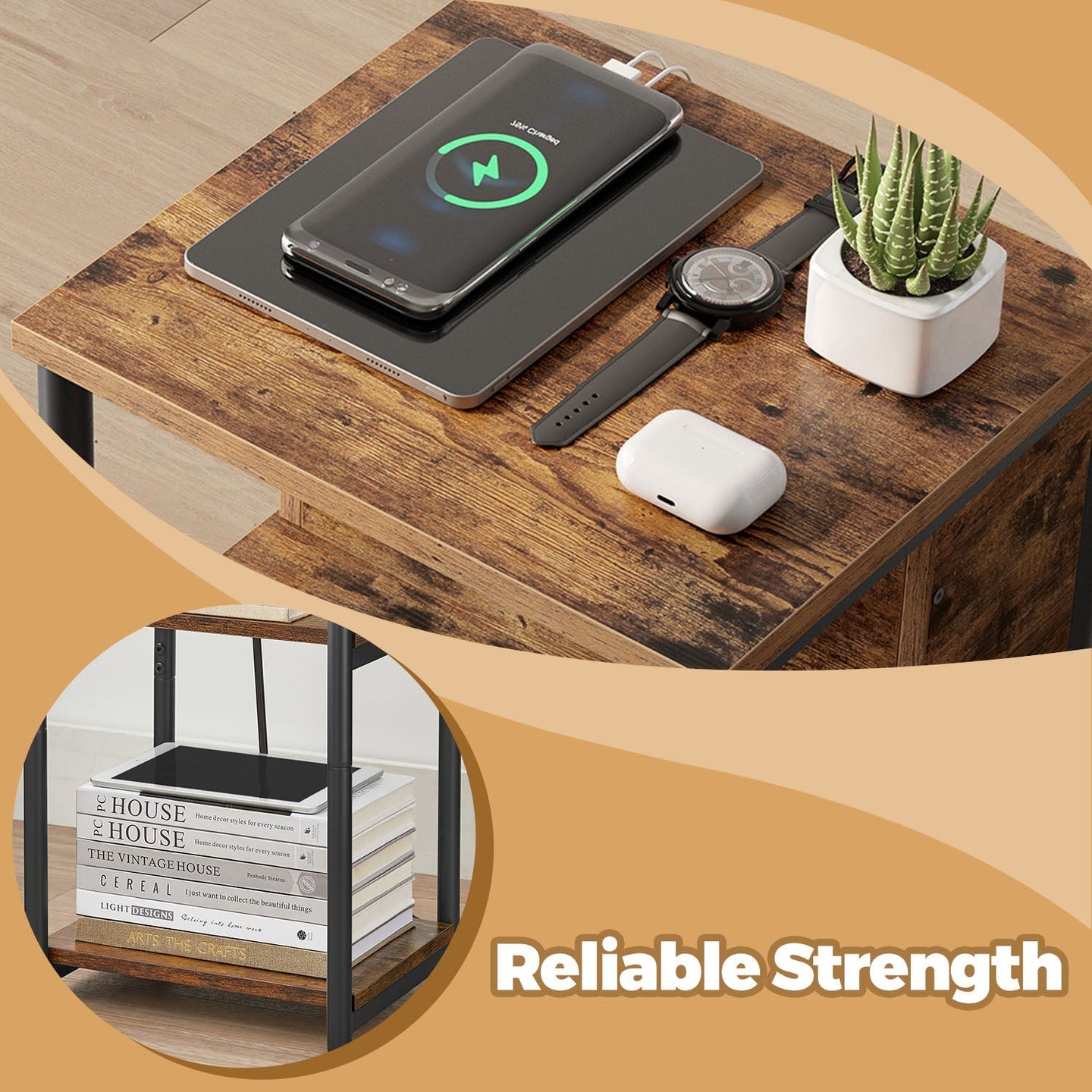 Slim Side Table - Wood - Rustic Brown and Black - Features Charging Station with 2 AC Outlets and 2 USB Outlets