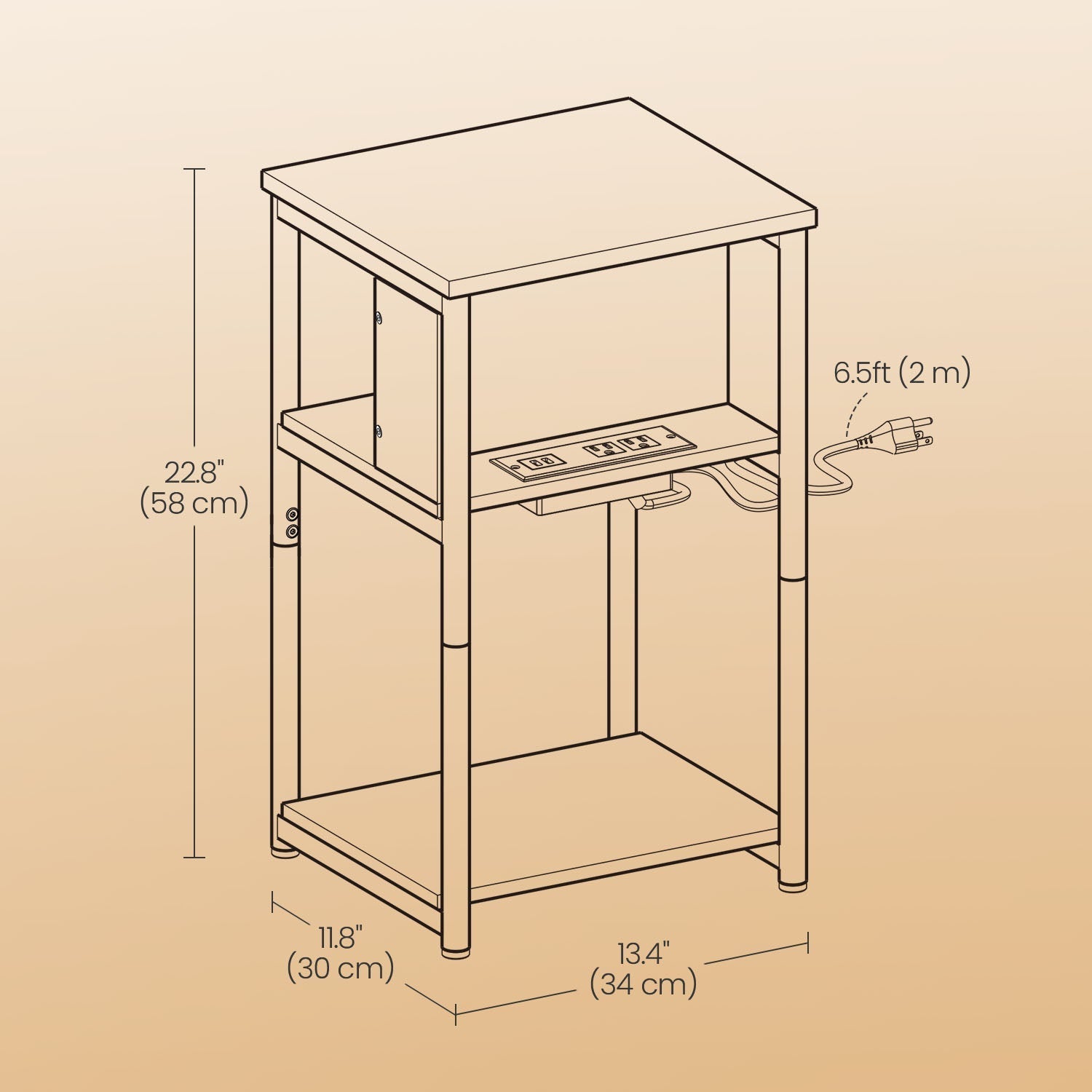 Slim Side Table - Wood - Rustic Brown and Black - Features Charging Station with 2 AC Outlets and 2 USB Outlets