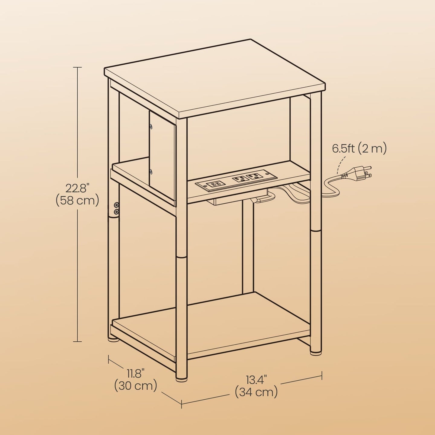 Slim Side Table - Wood - Rustic Brown and Black - Features Charging Station with 2 AC Outlets and 2 USB Outlets
