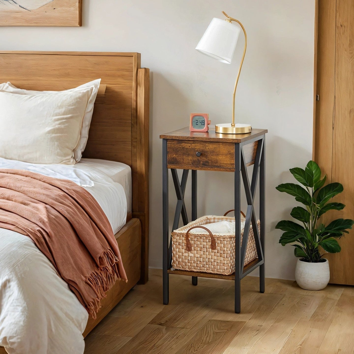 Bedside Table - Wood - Rustic Brown and Black - Tall Design with Drawer and Storage Shelf