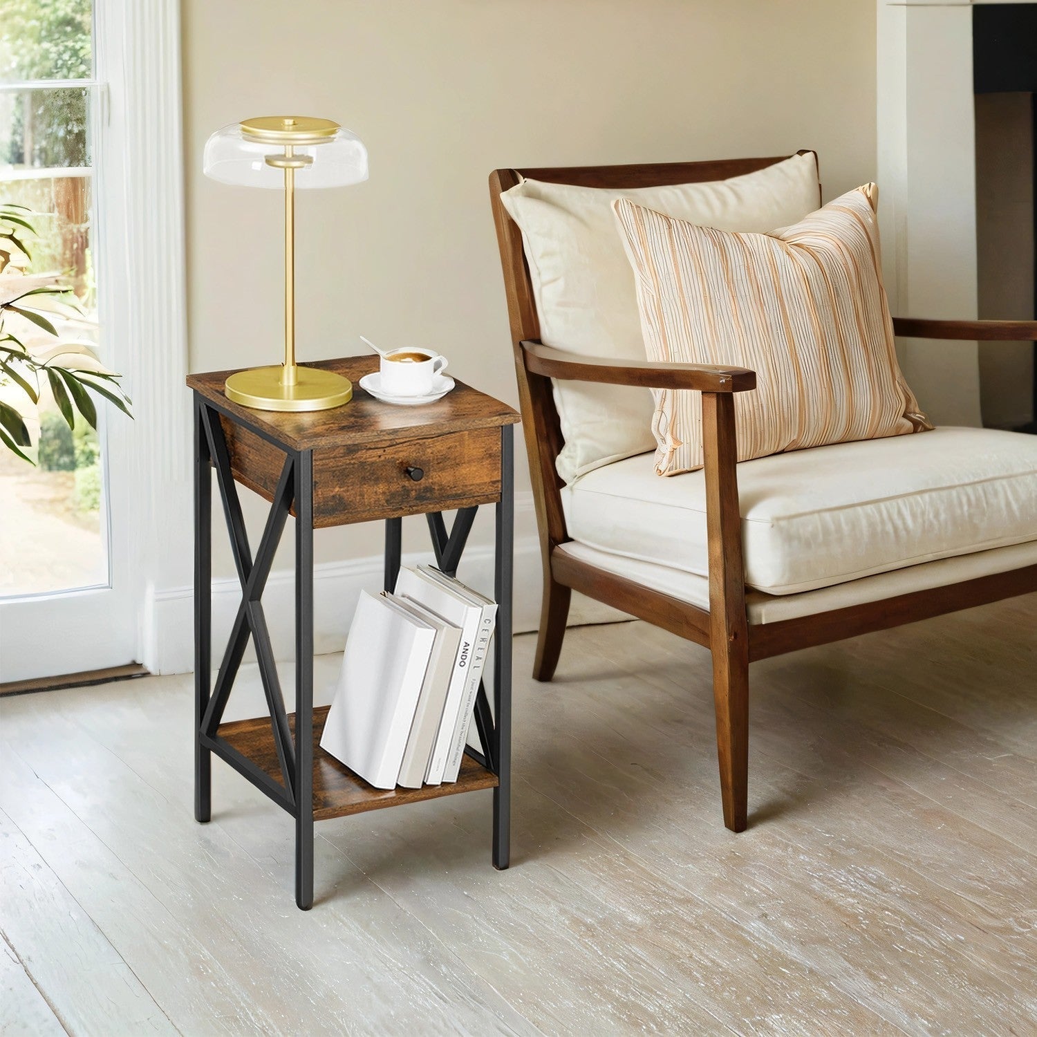 Bedside Table - Wood - Rustic Brown and Black - Tall Design with Drawer and Storage Shelf
