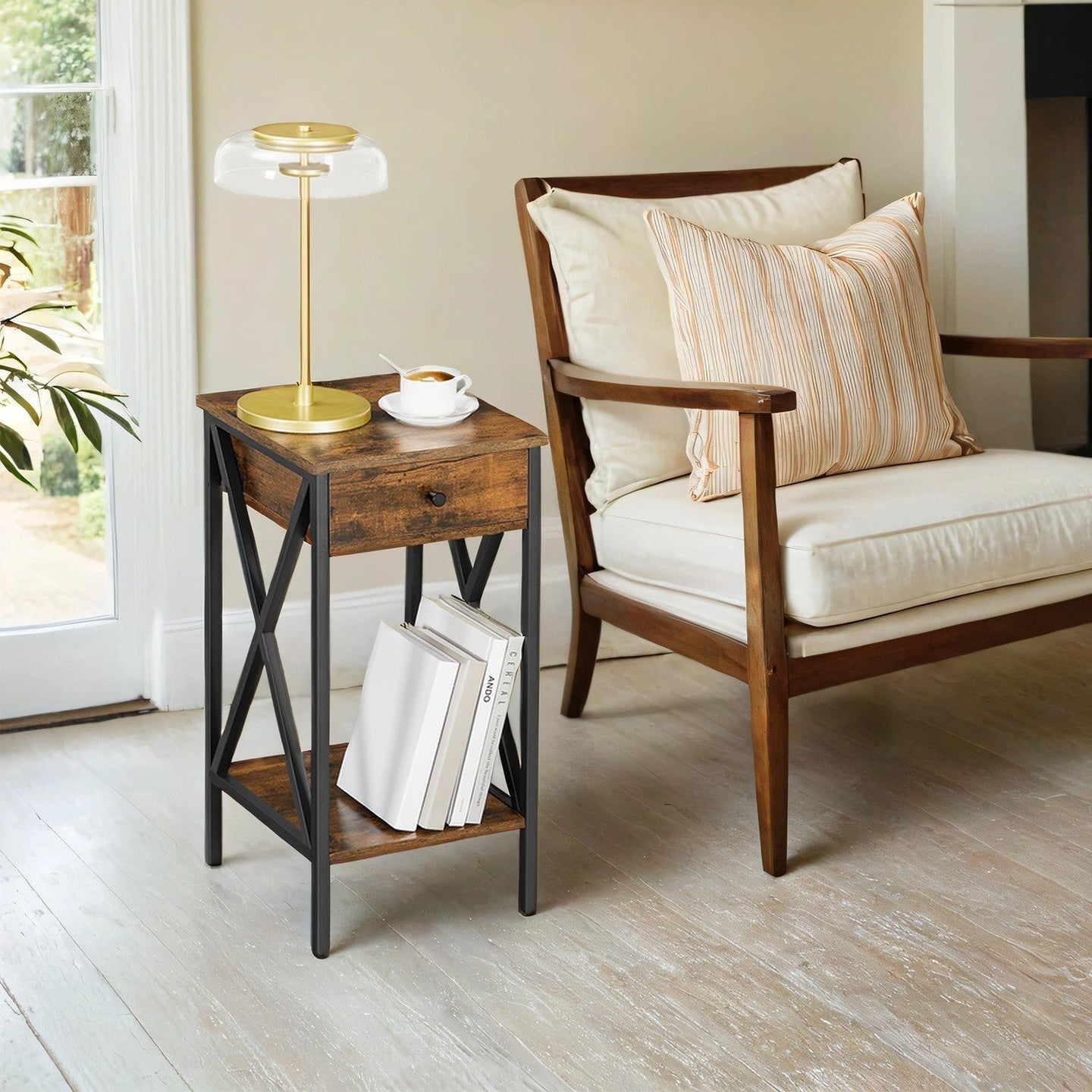 Bedside Table - Wood - Rustic Brown and Black - Tall Design with Drawer and Storage Shelf