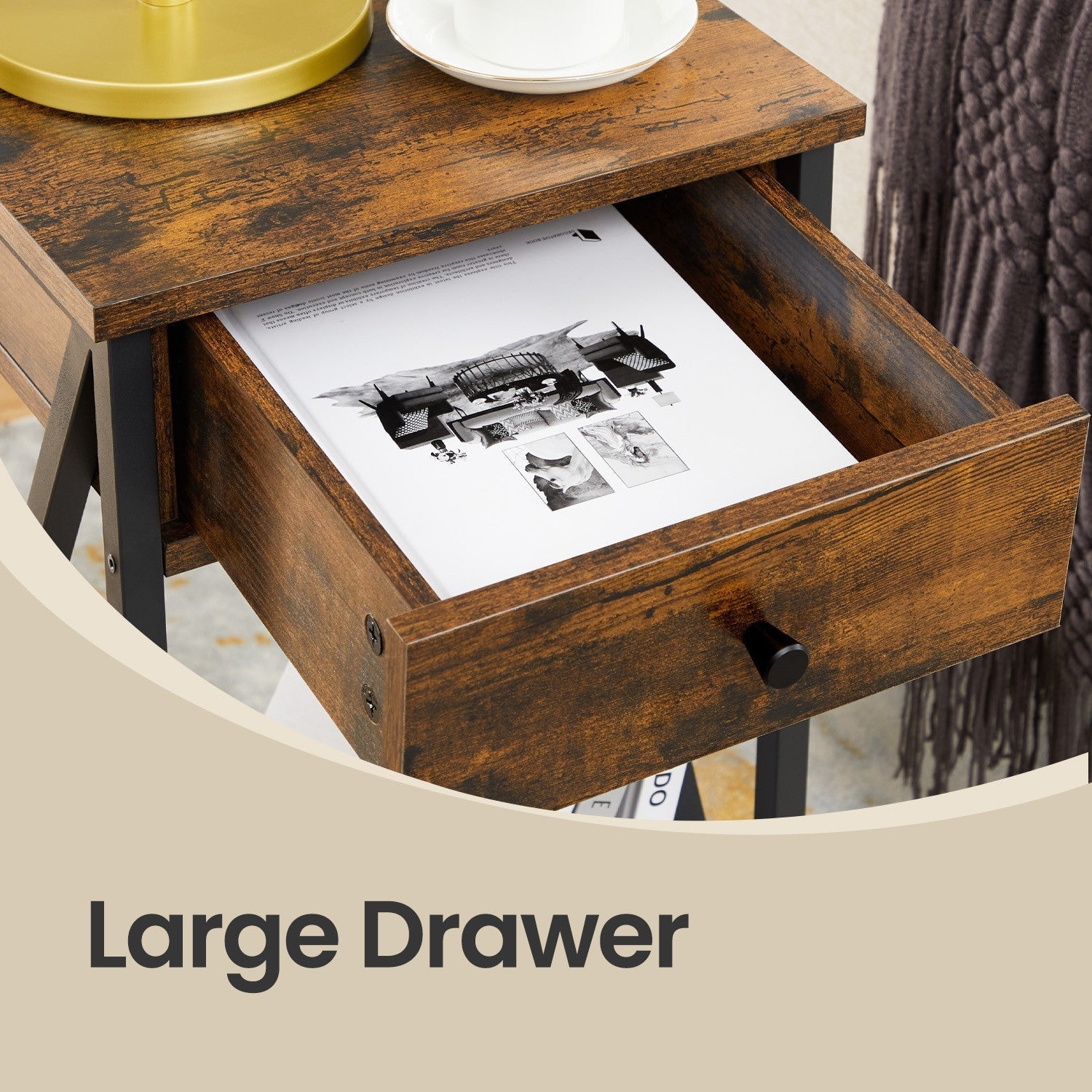 Bedside Table - Wood - Rustic Brown and Black - Tall Design with Drawer and Storage Shelf