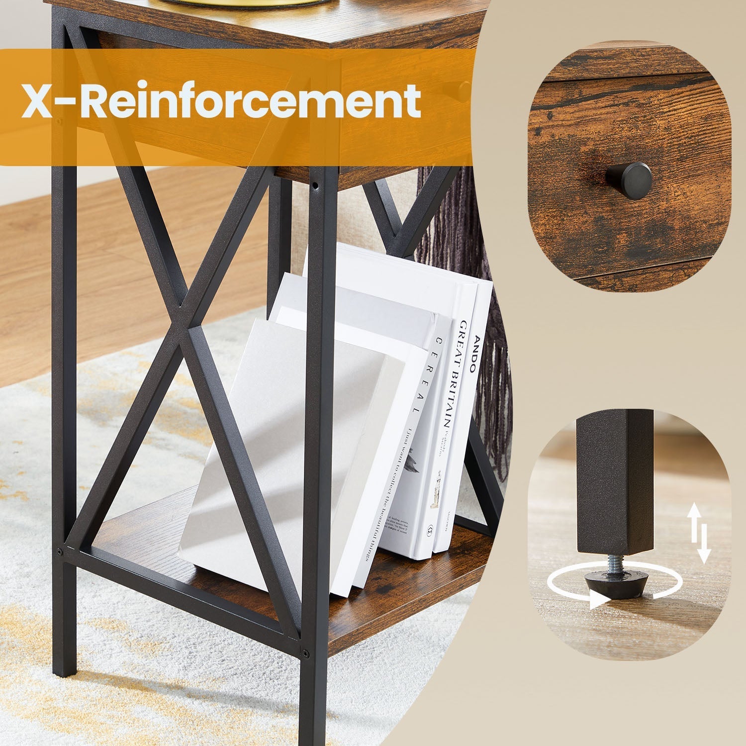 Bedside Table - Wood - Rustic Brown and Black - Tall Design with Drawer and Storage Shelf