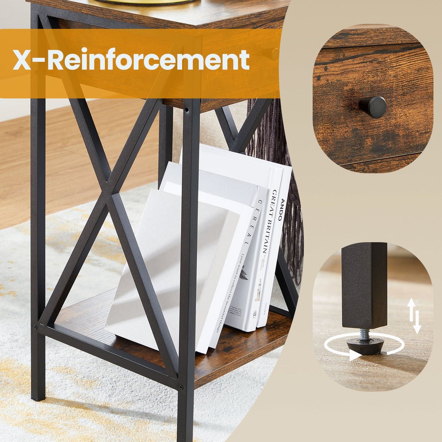 Bedside Table - Wood - Rustic Brown and Black - Tall Design with Drawer and Storage Shelf