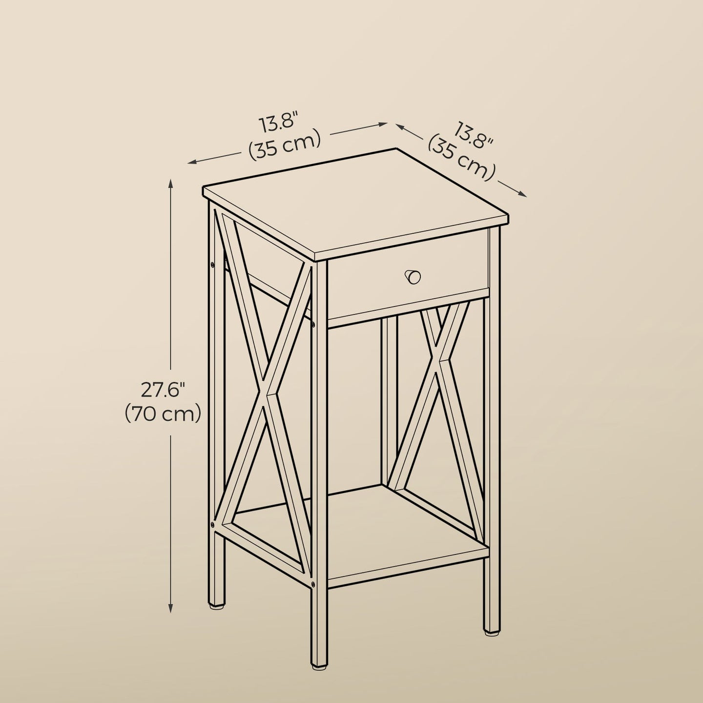 Bedside Table - Wood - Rustic Brown and Black - Tall Design with Drawer and Storage Shelf